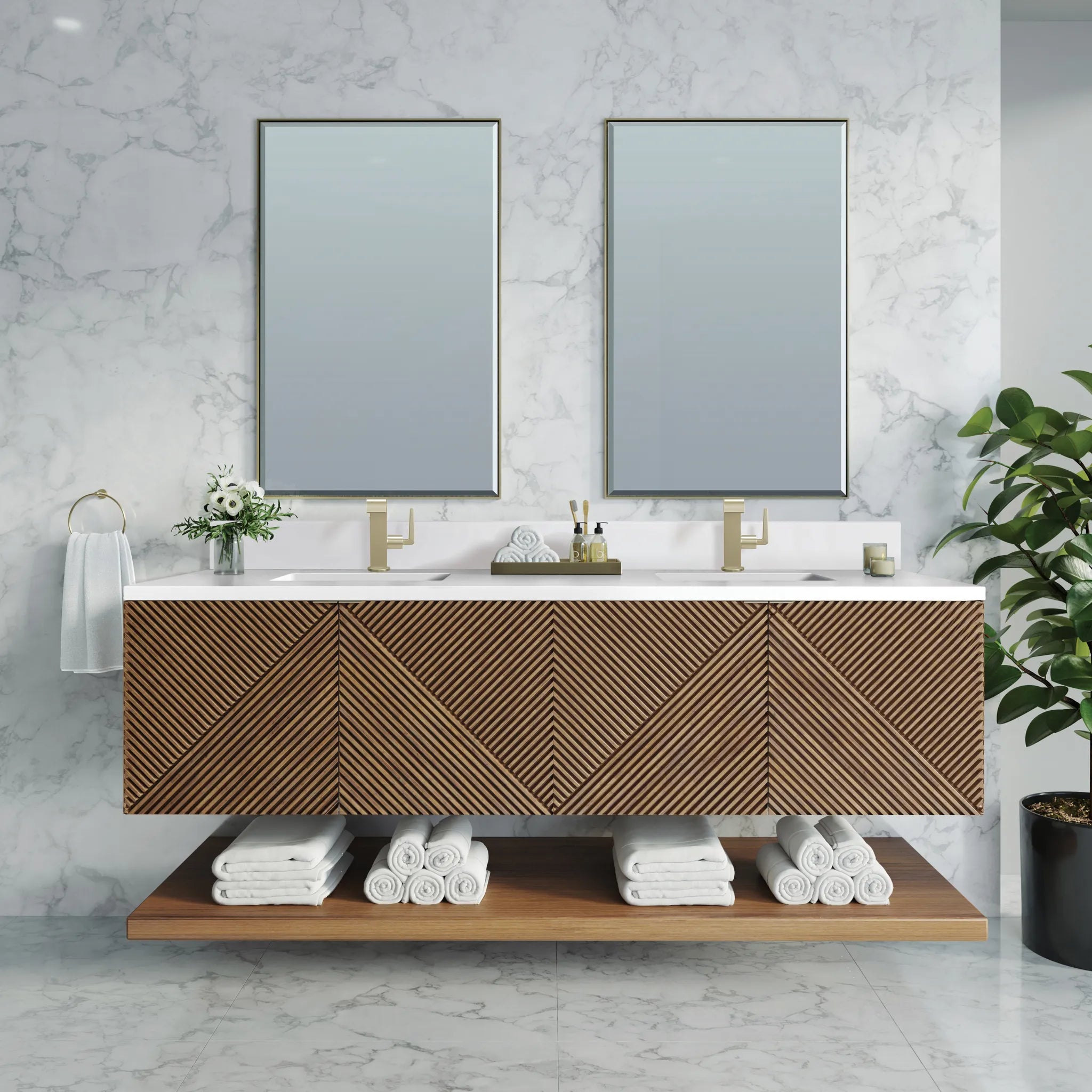 72" Marcello Double Vanity in Chestnut-White Zeus Silestone & Backsplash-Single Hole image 1