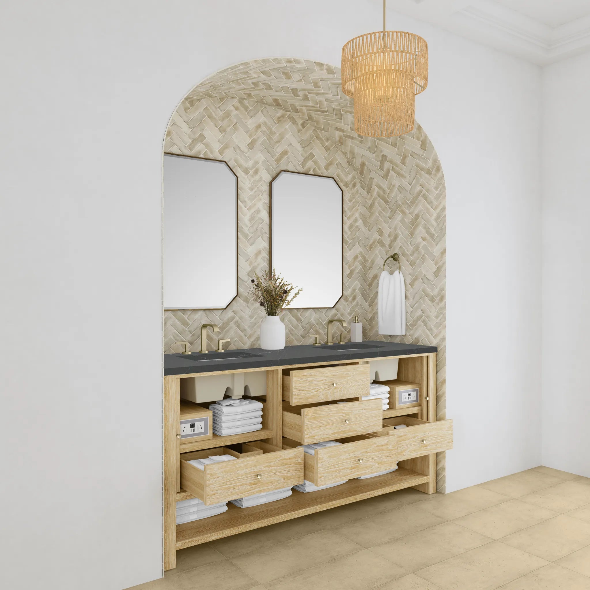 72" Marigot Double Vanity in Sunwashed Oak-Charcoal Soapstone Silestone-8" Widespread image 4