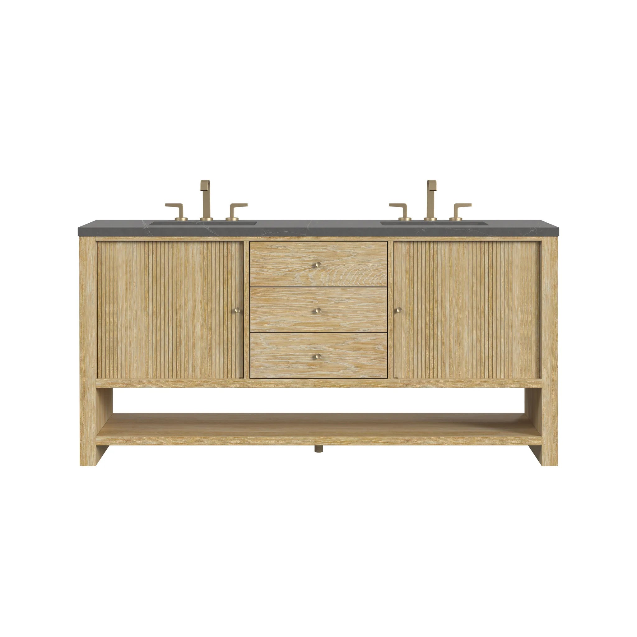72" Marigot Double Vanity in Sunwashed Oak-Charcoal Soapstone Silestone-8" Widespread image