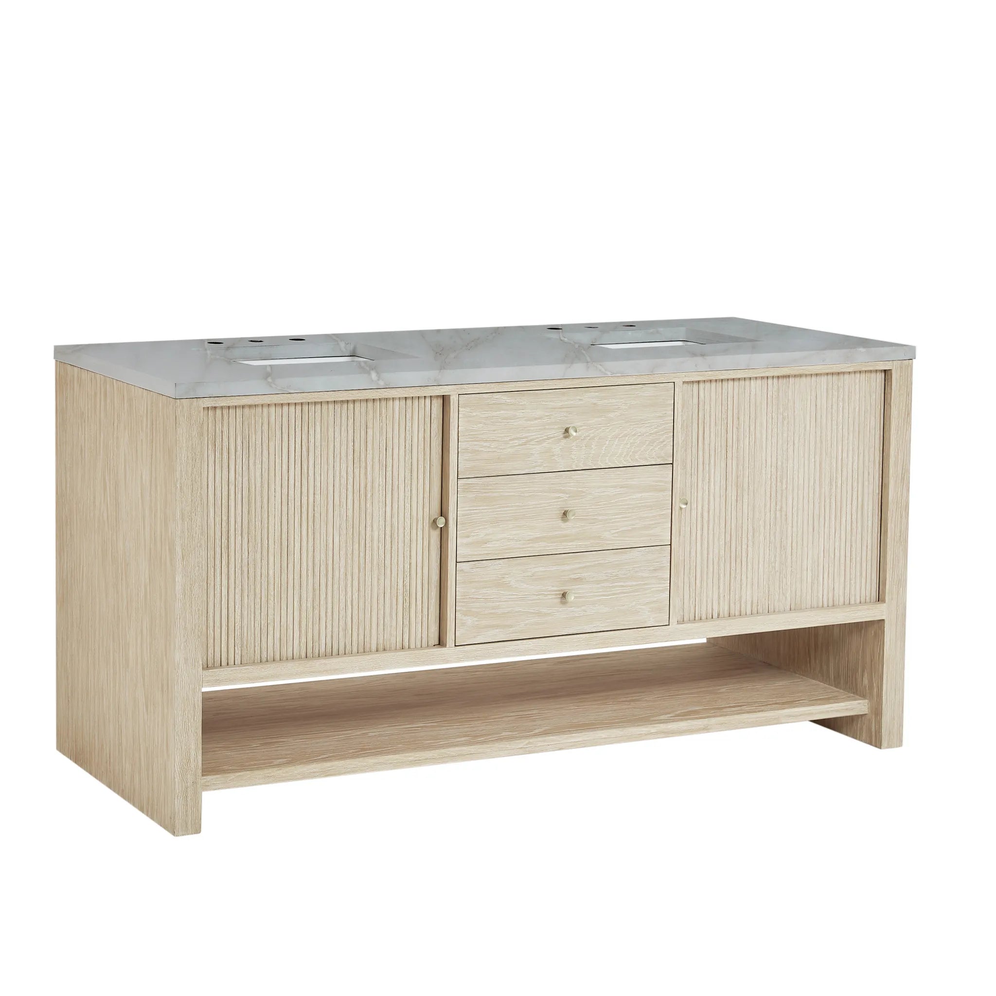 72" Marigot Double Vanity in Sunwashed Oak-Victorian Silver Silestone-8" Widespread image 10