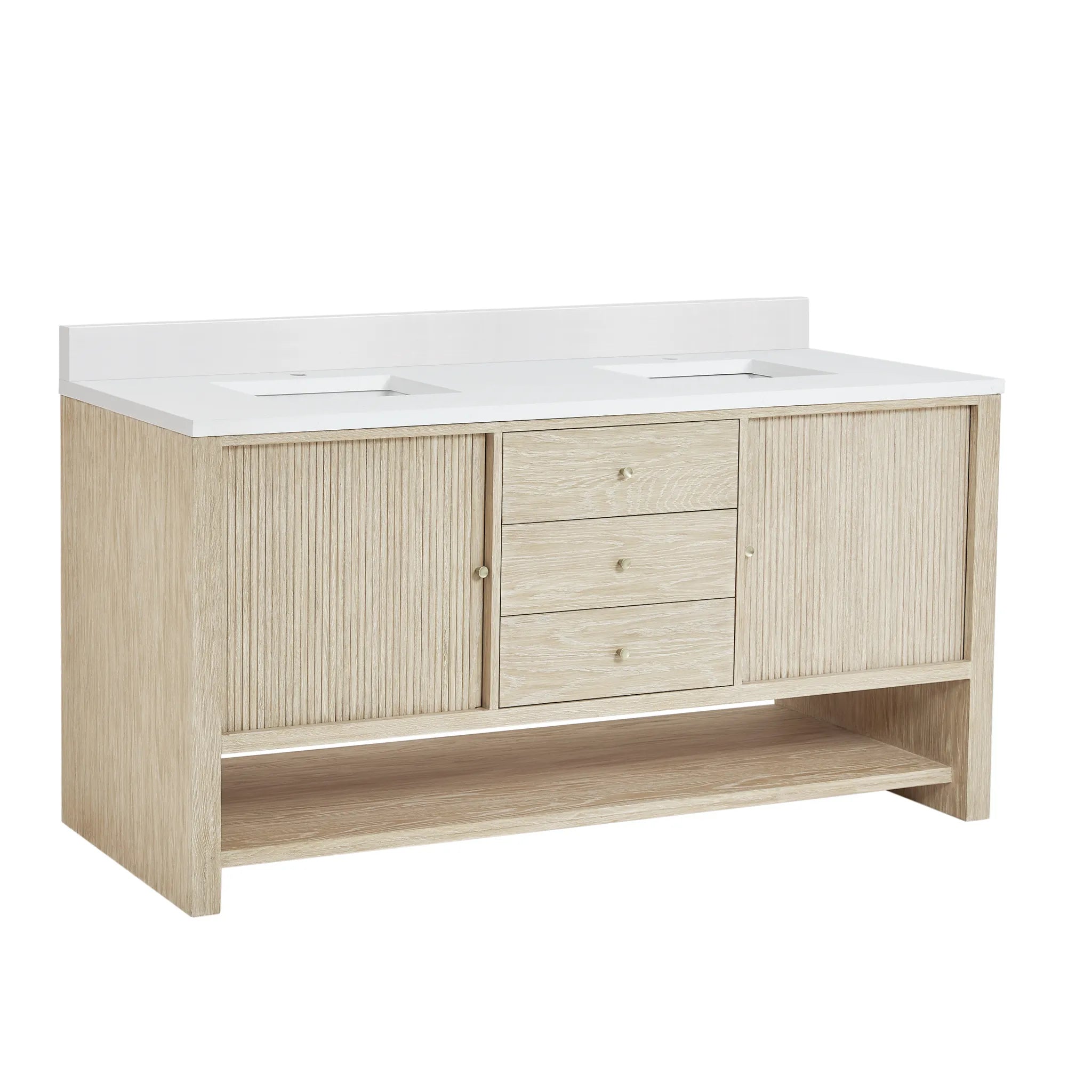 72" Marigot Double Vanity in Sunwashed Oak-White Zeus Silestone & Backsplash-Single Hole image 10
