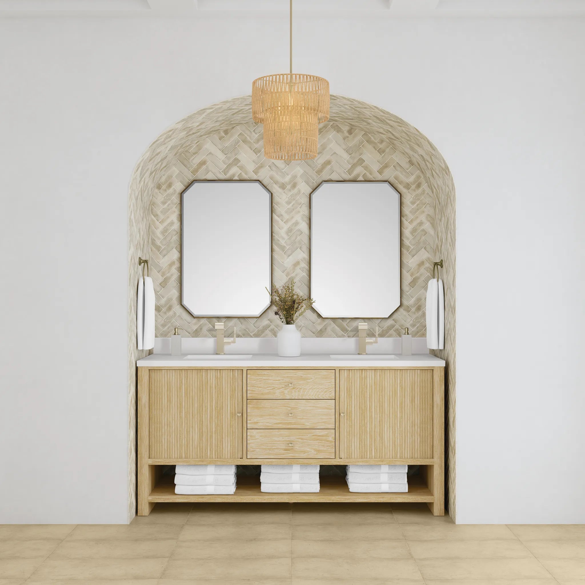 72" Marigot Double Vanity in Sunwashed Oak-White Zeus Silestone & Backsplash-Single Hole image 2