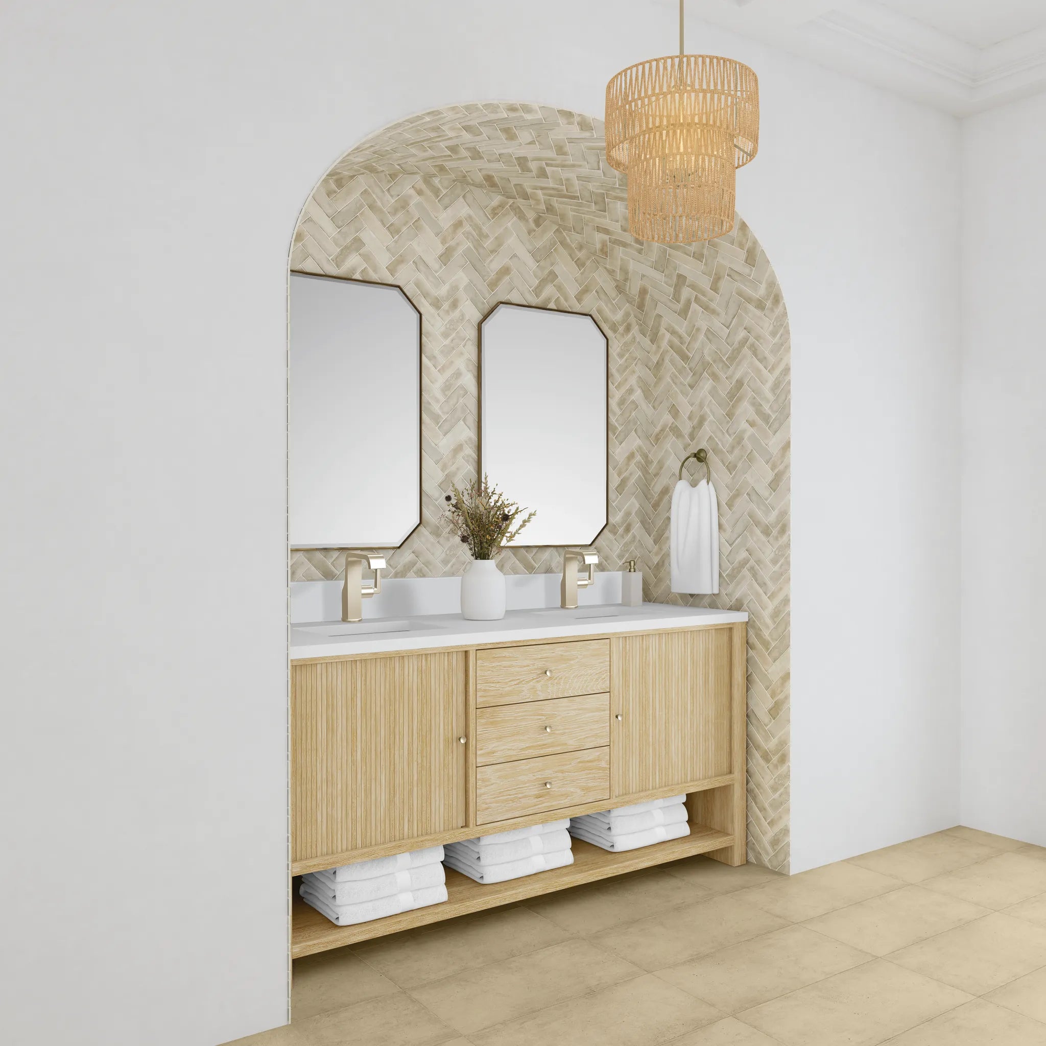 72" Marigot Double Vanity in Sunwashed Oak-White Zeus Silestone & Backsplash-Single Hole image 3