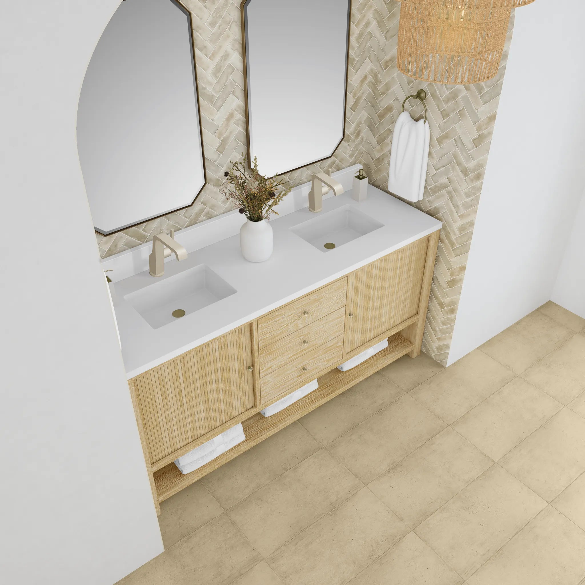72" Marigot Double Vanity in Sunwashed Oak-White Zeus Silestone & Backsplash-Single Hole image 6