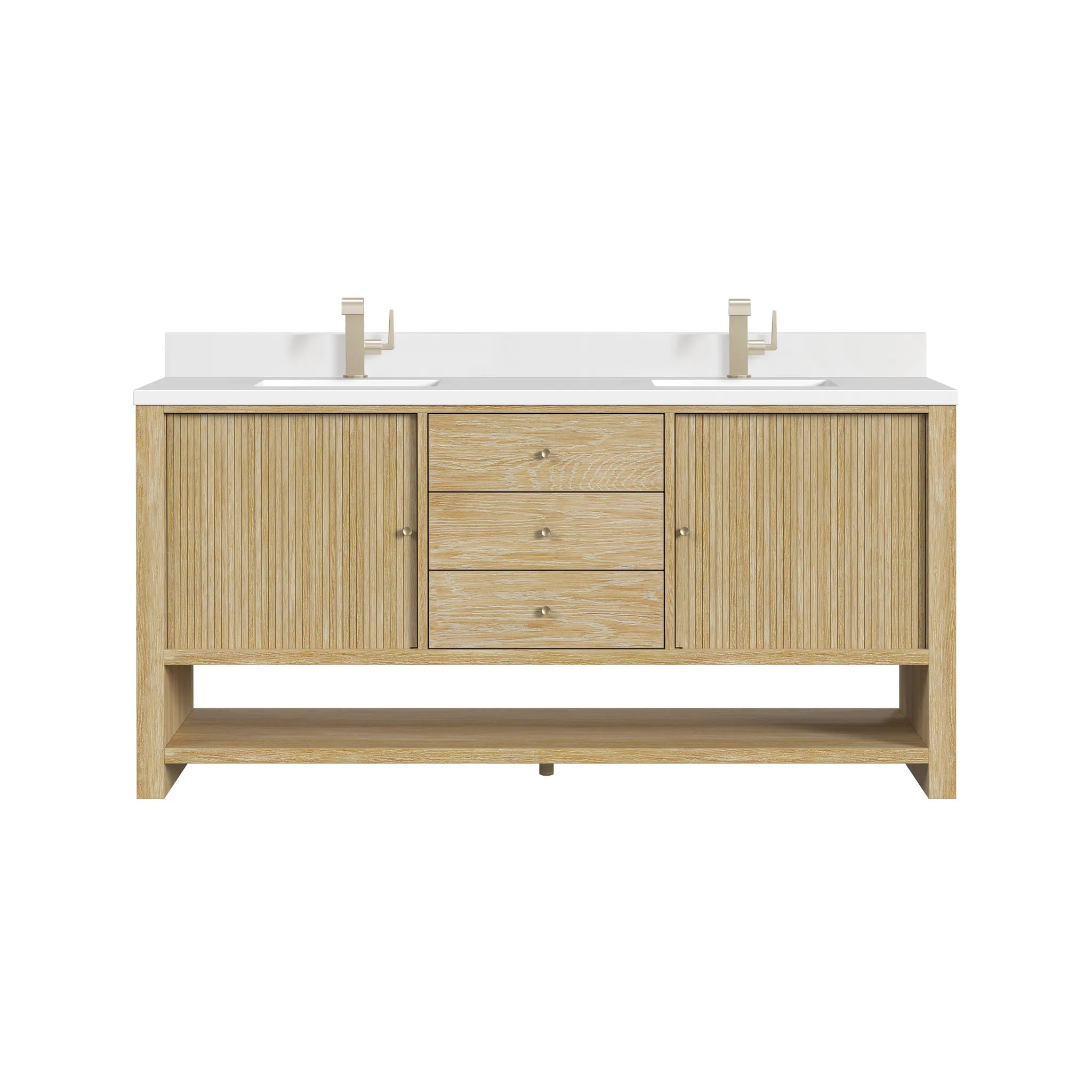 72" Marigot Double Vanity in Sunwashed Oak-White Zeus Silestone & Backsplash-Single Hole image