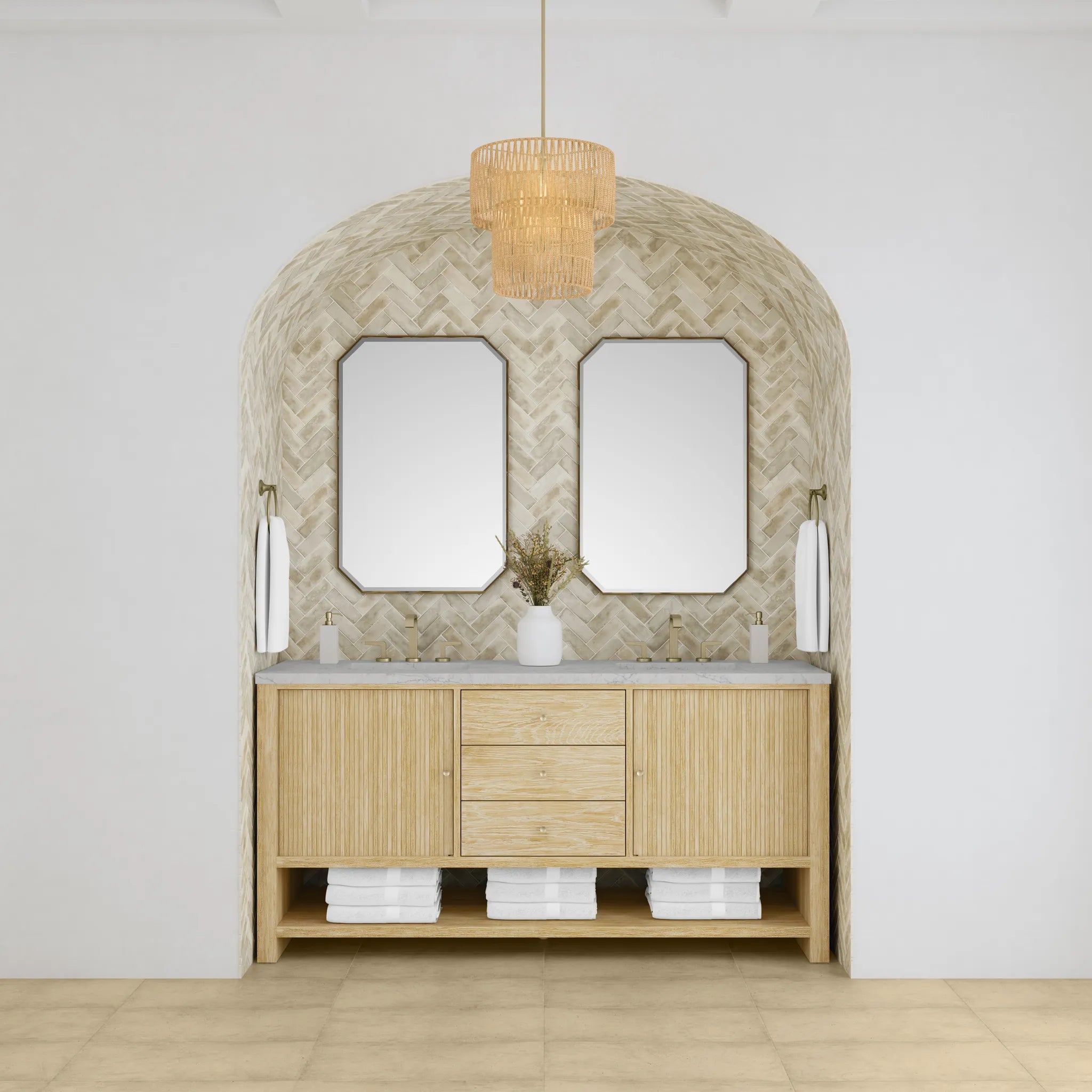 72" Marigot Double Vanity in Sunwashed Oak Wireless Charger-Eternal Jasmine Pearl Silestone-8" Widespread image 4