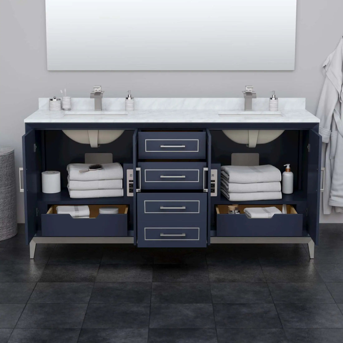 72" Marlena Double Bathroom Vanity in Dark Blue with Brushed Nickel Trim by Wyndham