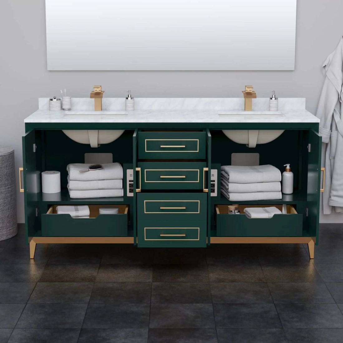 72" Marlena Double Bathroom Vanity in Green with Satin Bronze Trim by Wyndham