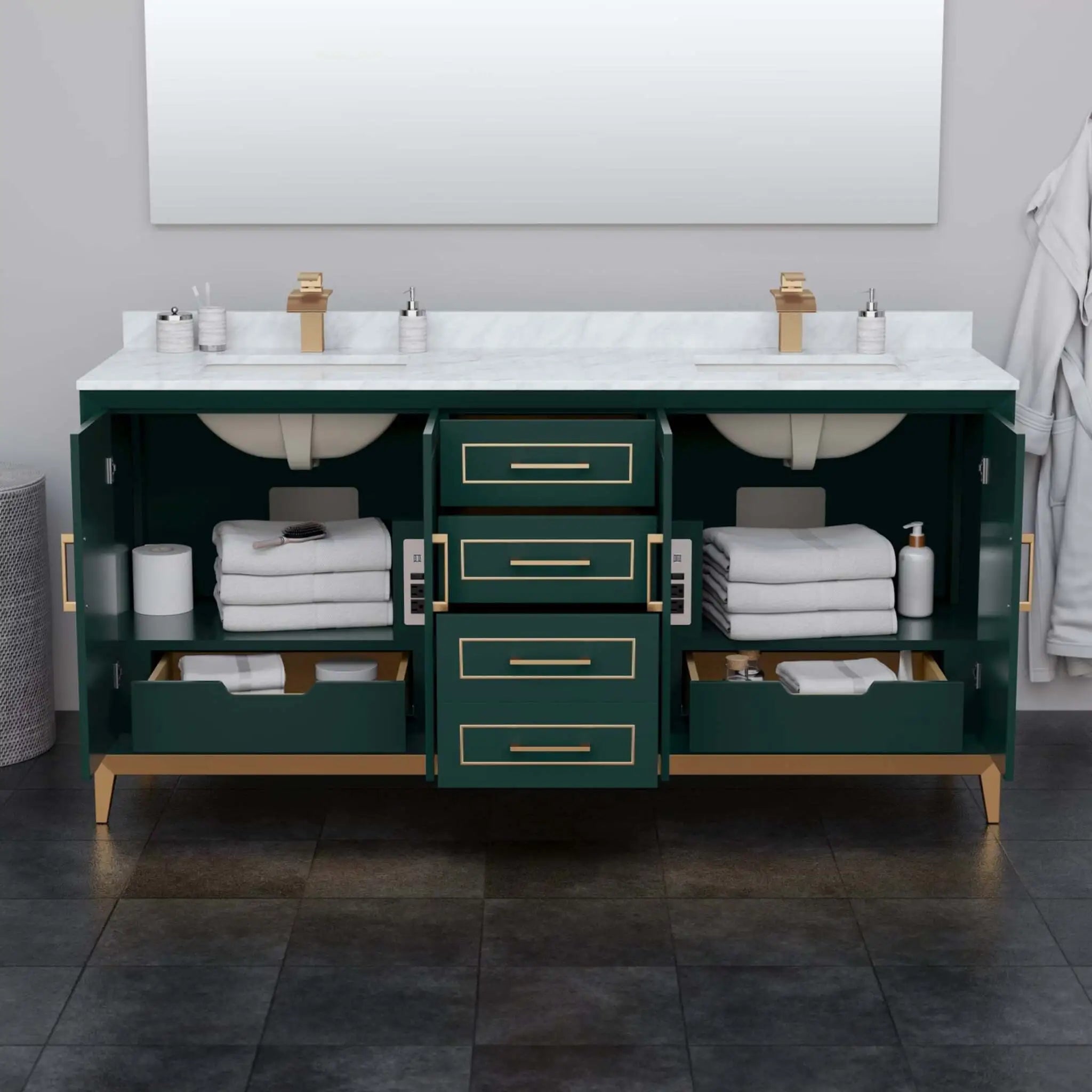 72" Marlena Double Bathroom Vanity in Green with Satin Bronze Trim by Wyndham