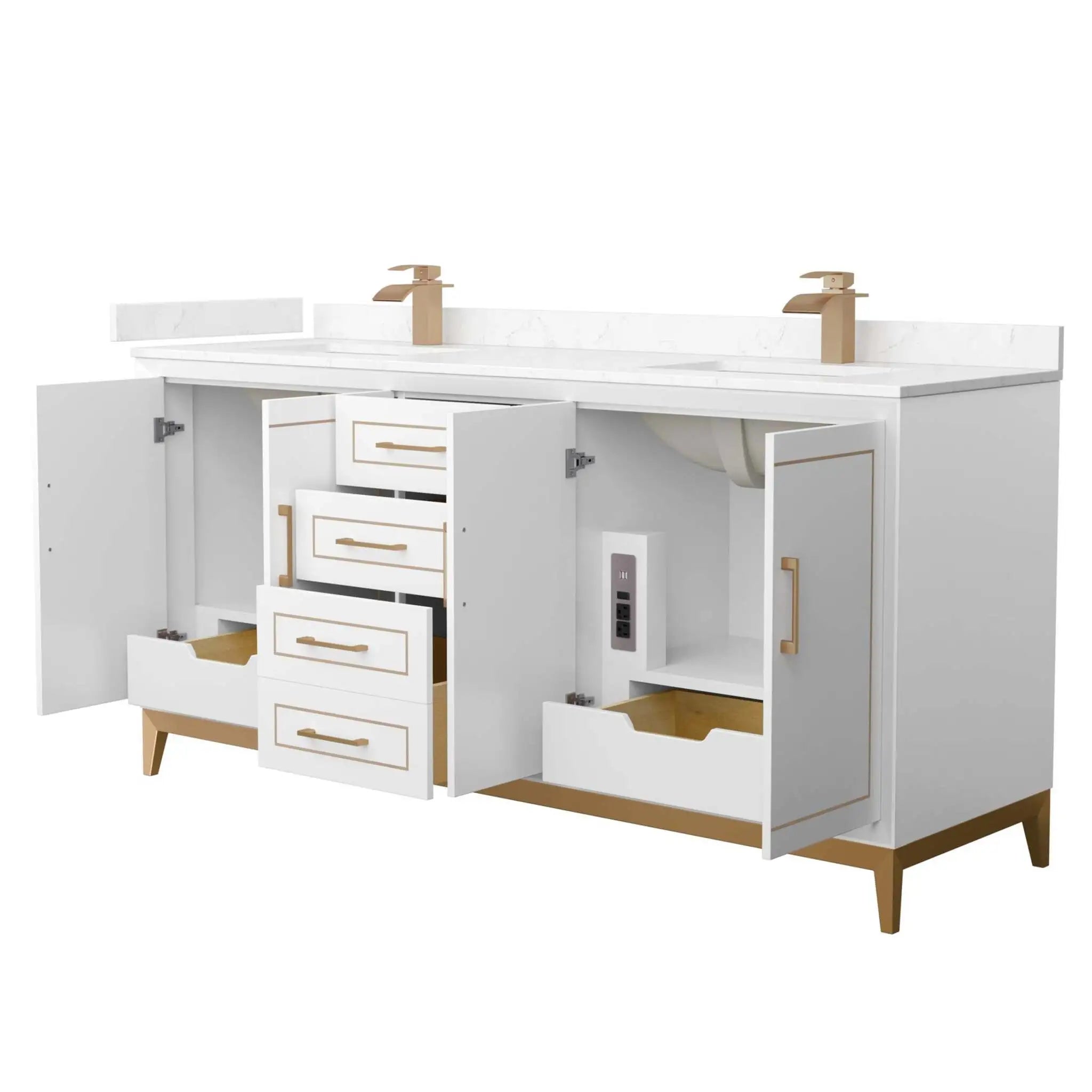 72" Marlena Double Bathroom Vanity in White with Satin Bronze Trim by Wyndham