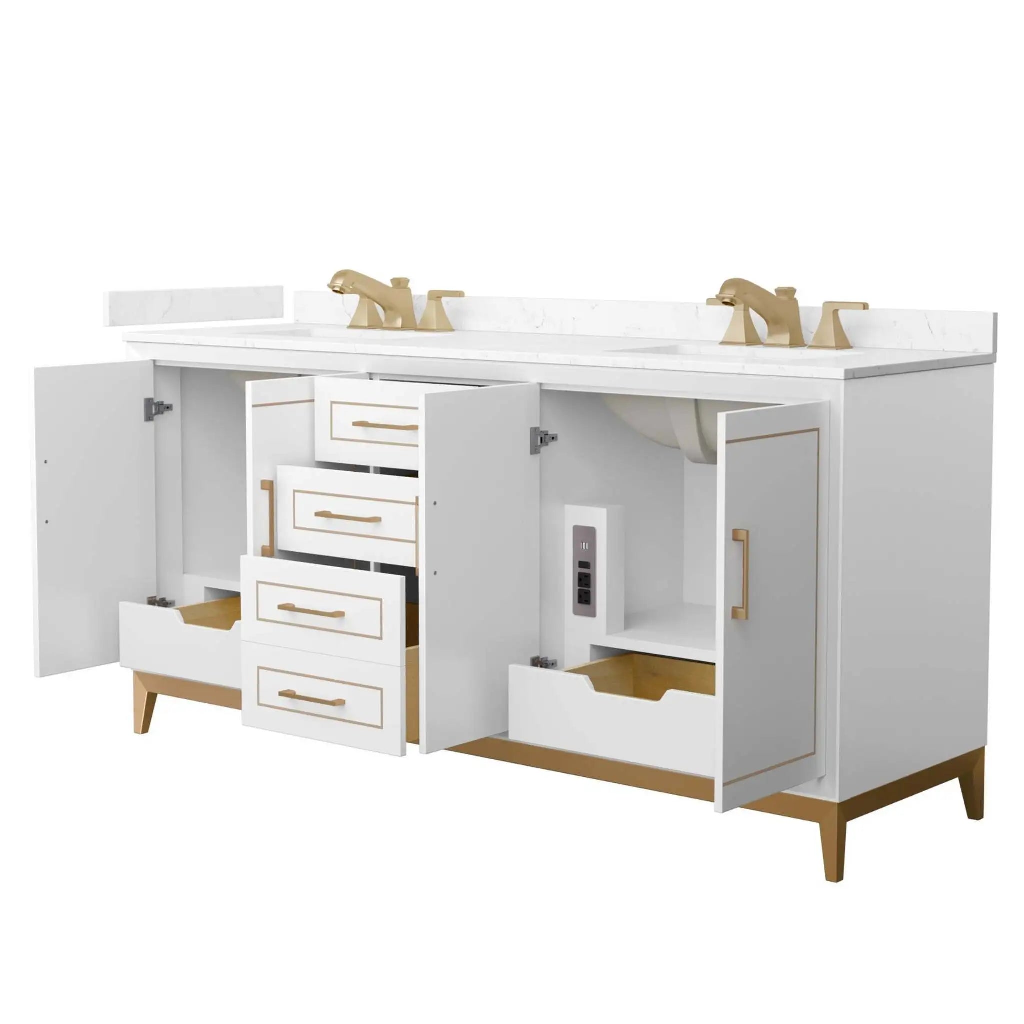 72" Marlena Double Bathroom Vanity in White with Satin Bronze Trim by Wyndham
