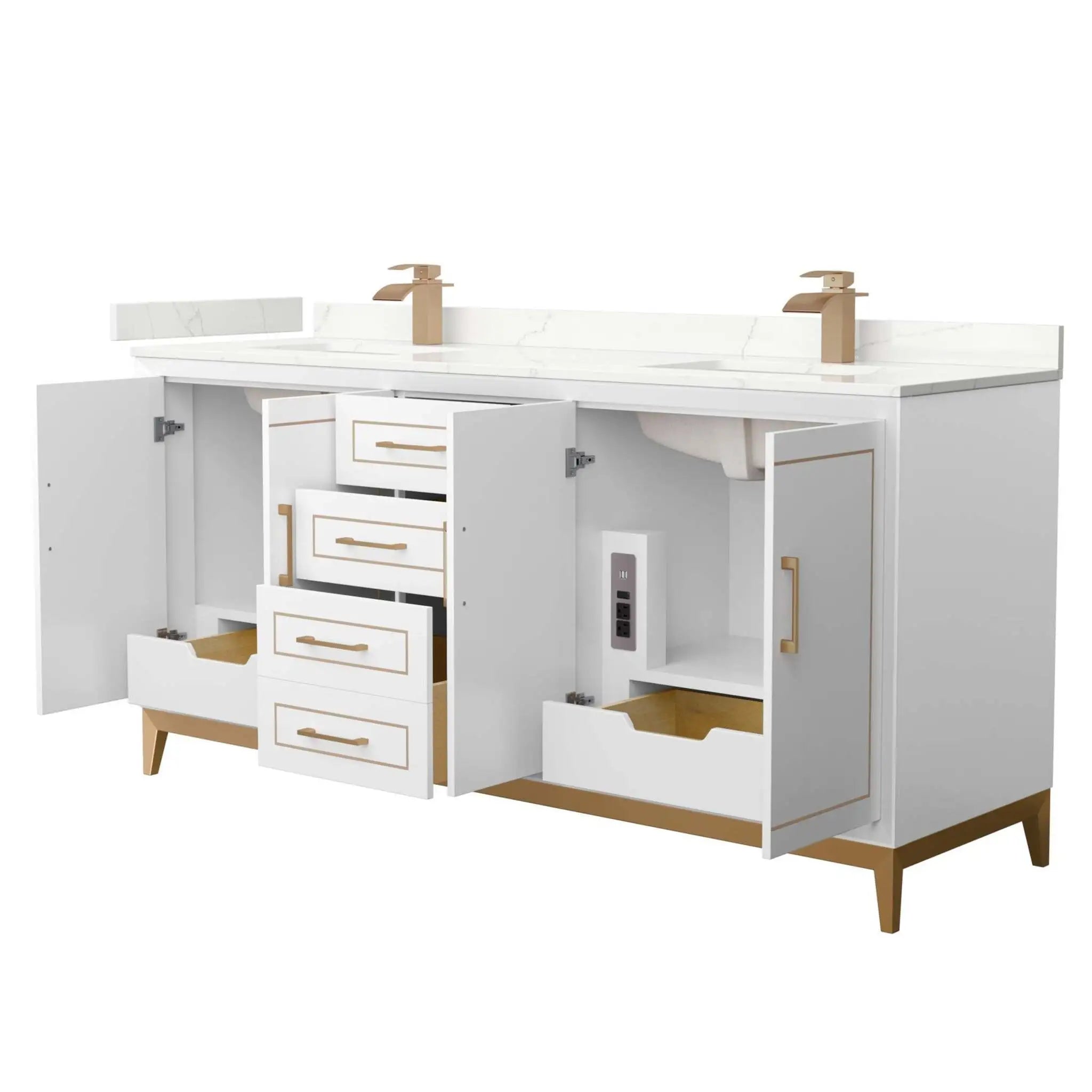 72" Marlena Double Bathroom Vanity in White with Satin Bronze Trim by Wyndham