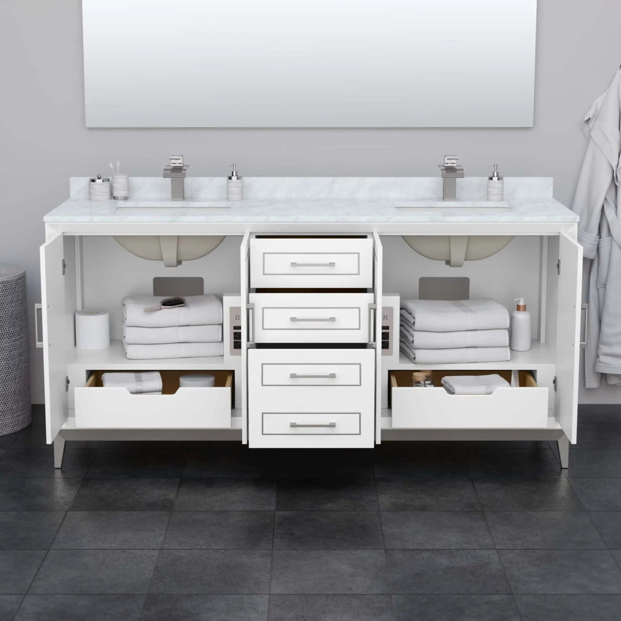 72" Marlena Double Bathroom Vanity in White with Satin Bronze Trim by Wyndham