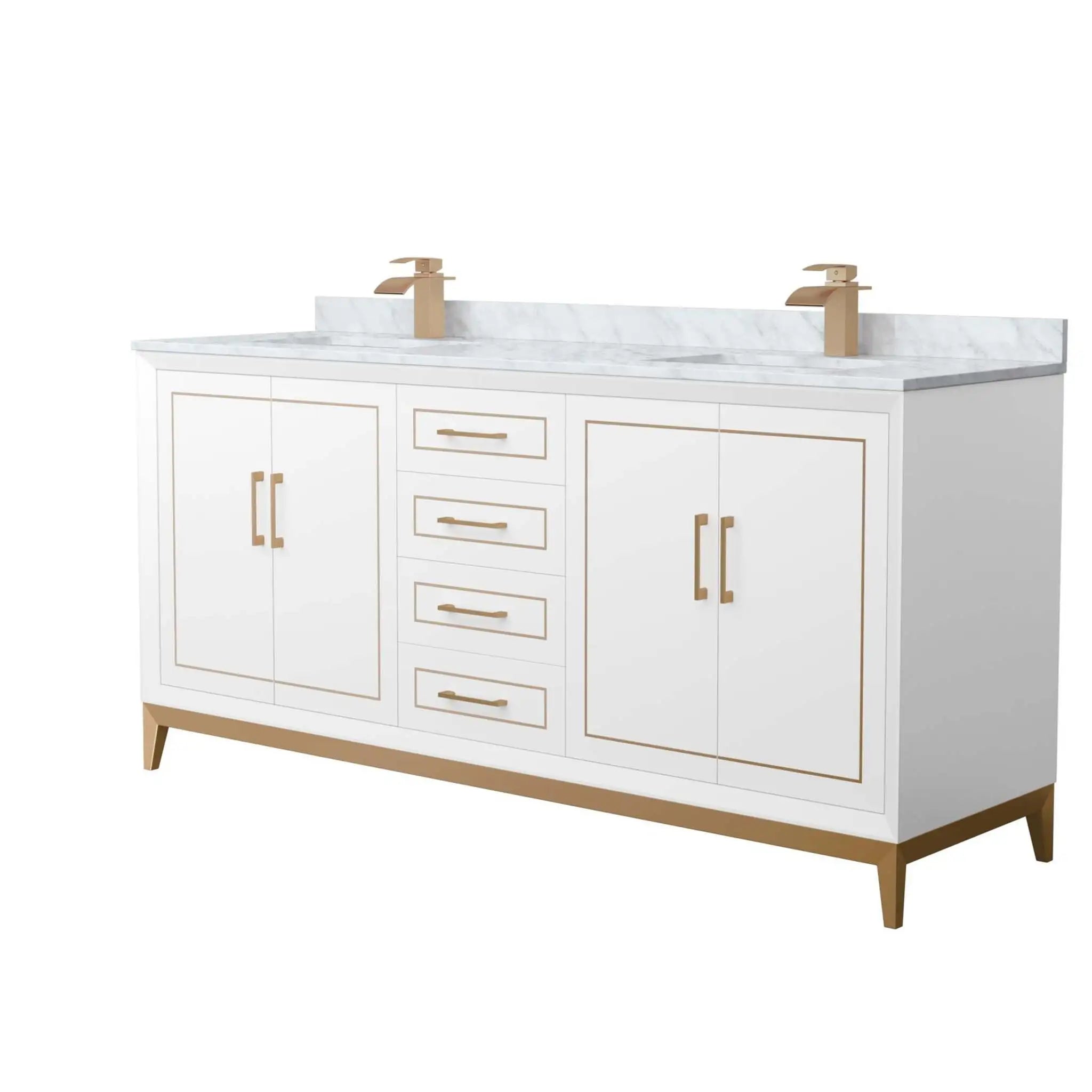 72" Marlena Double Bathroom Vanity in White with Satin Bronze Trim by Wyndham