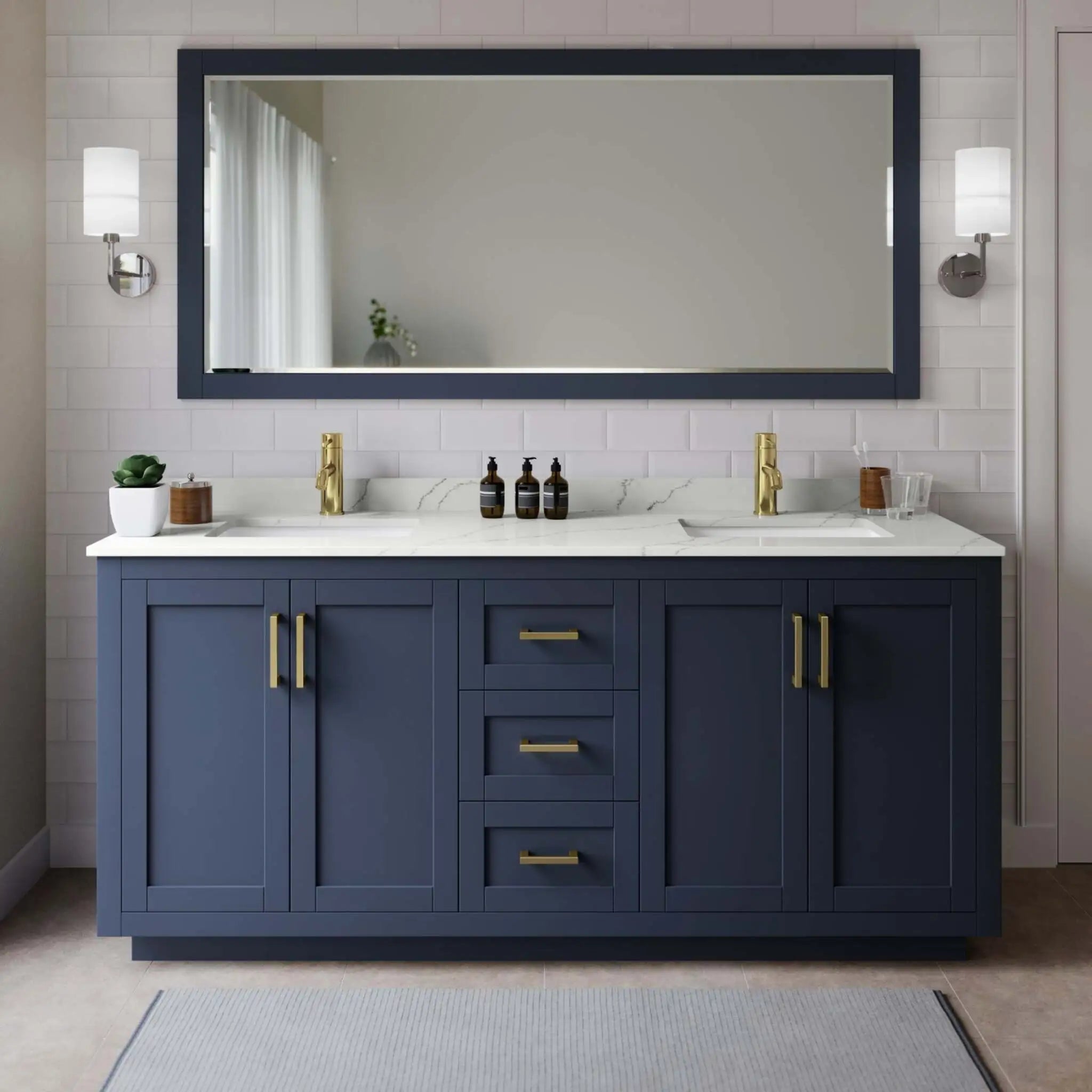 72" Miranda Double Bathroom Vanity in Dark Blue with Brushed Gold Trim & 70" Mirror by Wyndham