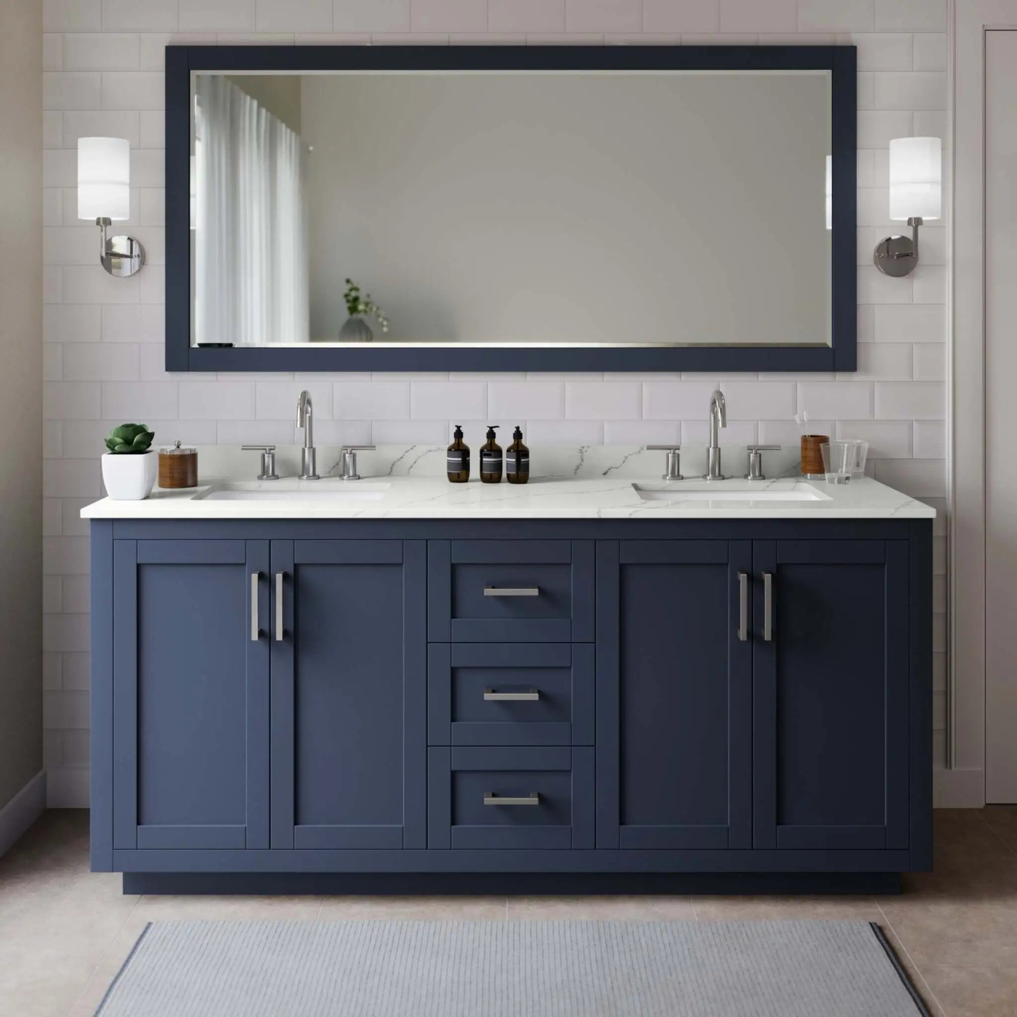 72" Miranda Double Bathroom Vanity in Dark Blue with Brushed Nickel Trim by Wyndham