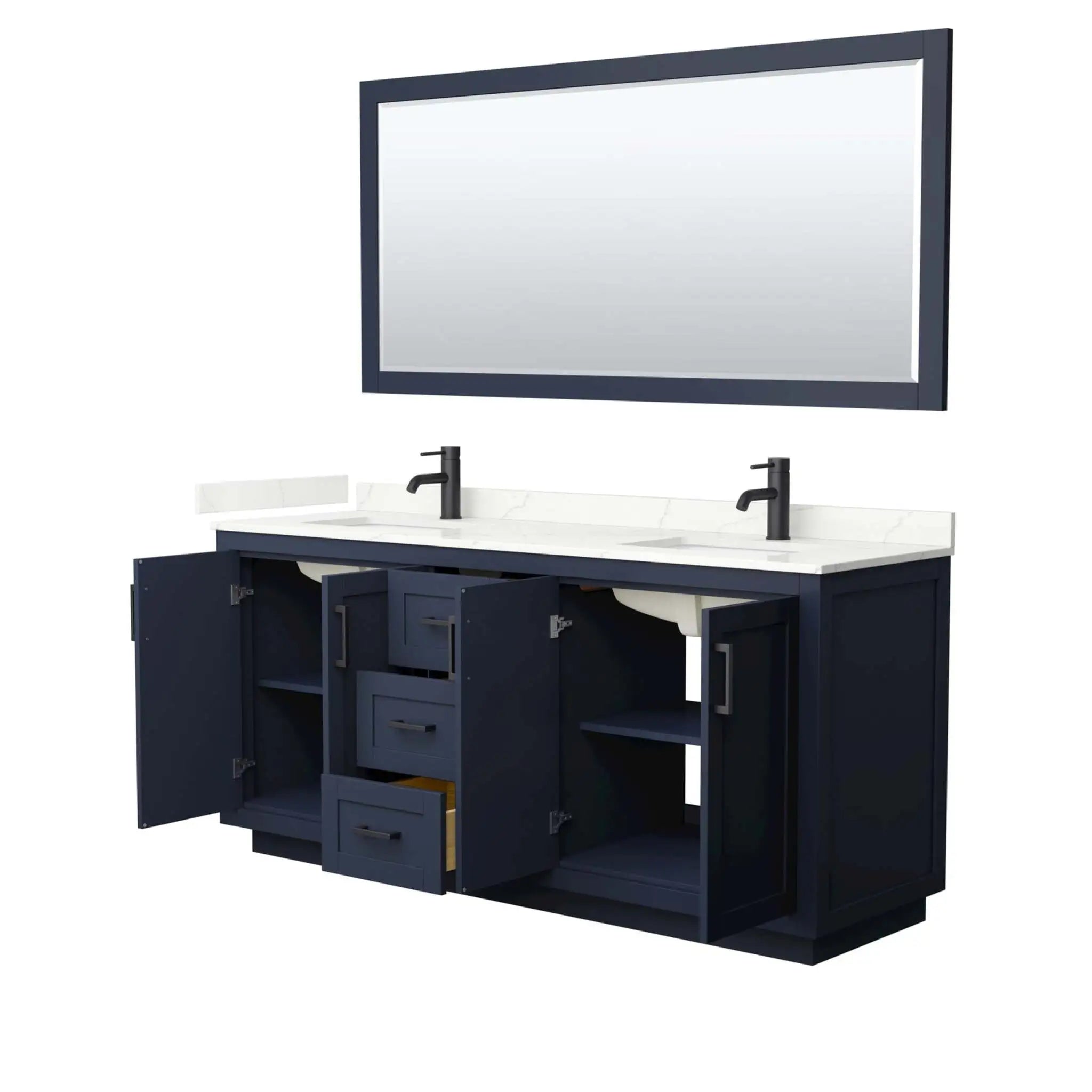 72" Miranda Double Bathroom Vanity in Dark Blue with Matte Black Trim & 70" Mirror by Wyndham