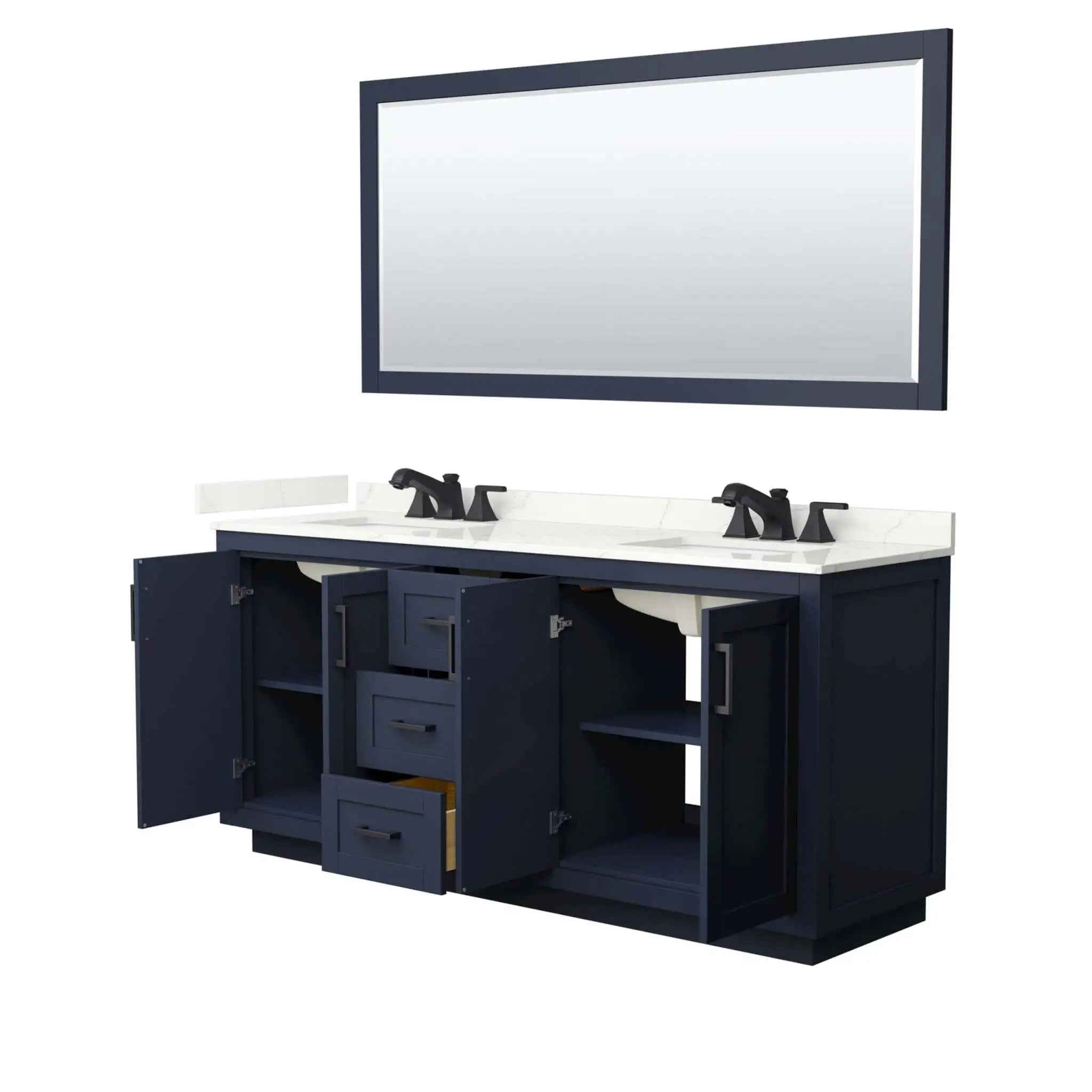 72" Miranda Double Bathroom Vanity in Dark Blue with Matte Black Trim & 70" Mirror by Wyndham
