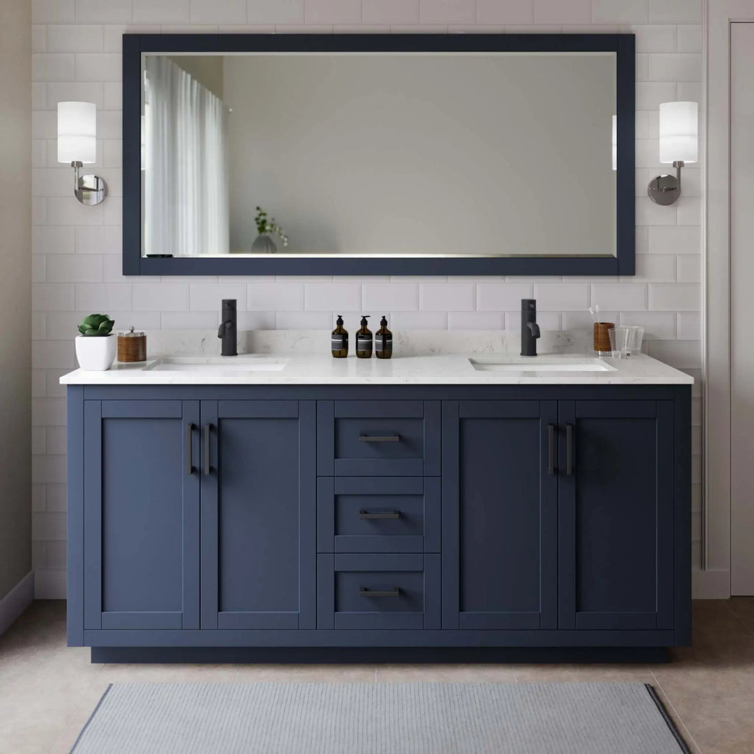 72" Miranda Double Bathroom Vanity in Dark Blue with Matte Black Trim by Wyndham