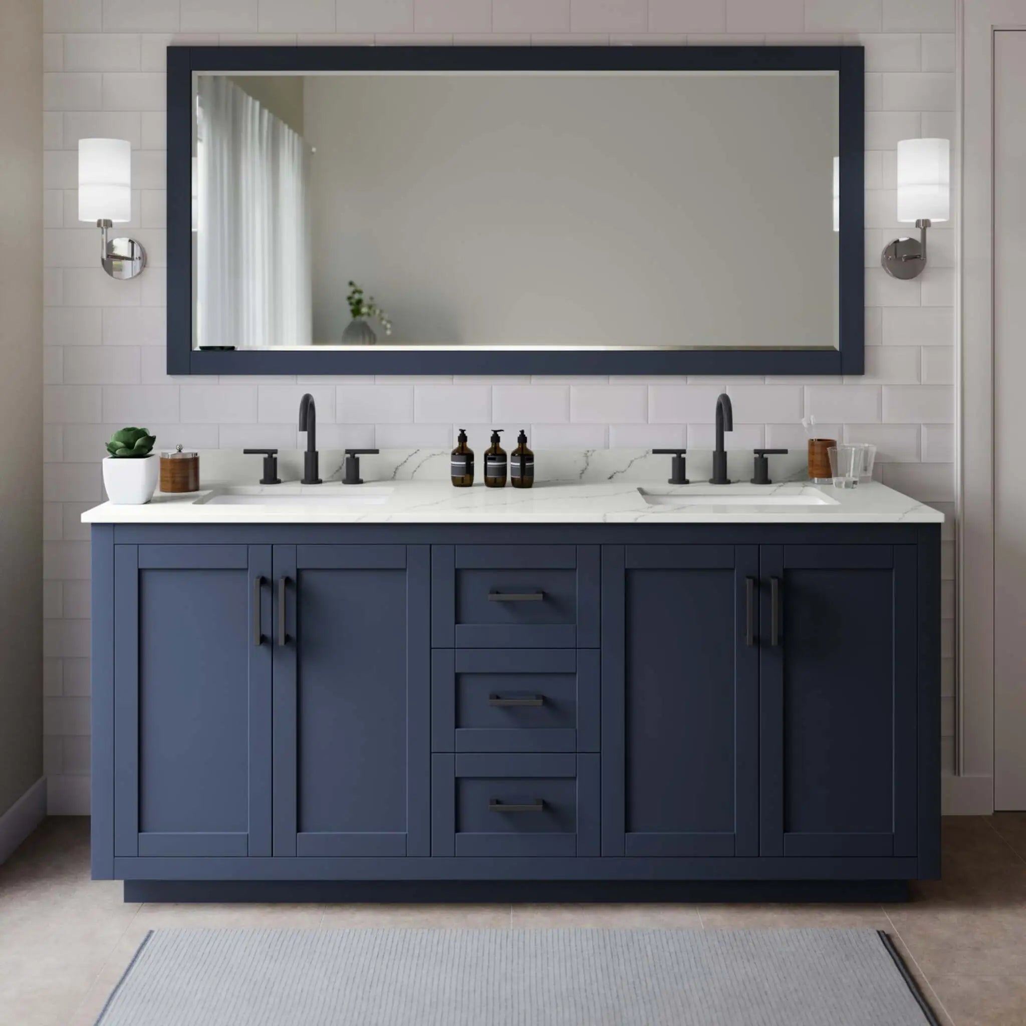 72" Miranda Double Bathroom Vanity in Dark Blue with Matte Black Trim by Wyndham