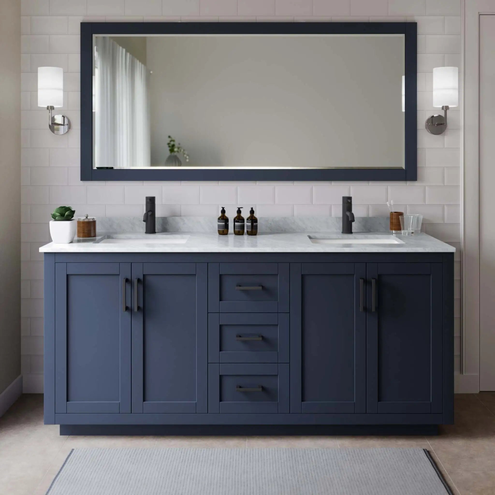 72" Miranda Double Bathroom Vanity in Dark Blue with Matte Black Trim by Wyndham