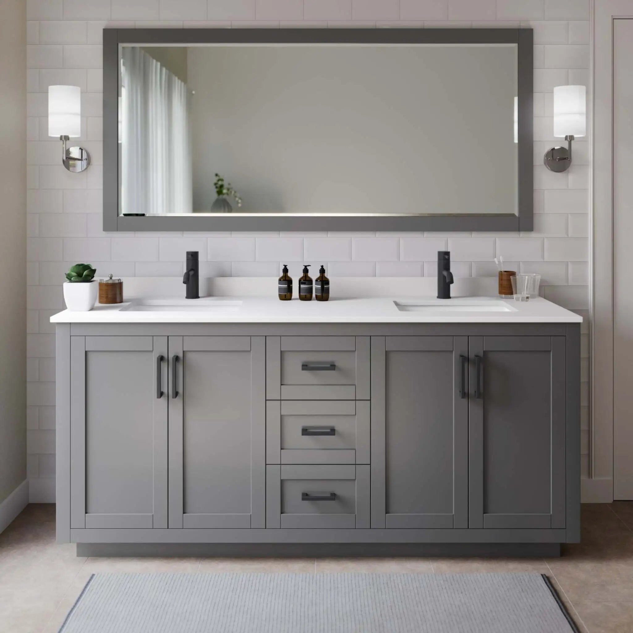 72" Miranda Double Bathroom Vanity in Dark Gray with Matte Black Trim & 70" Mirror by Wyndham