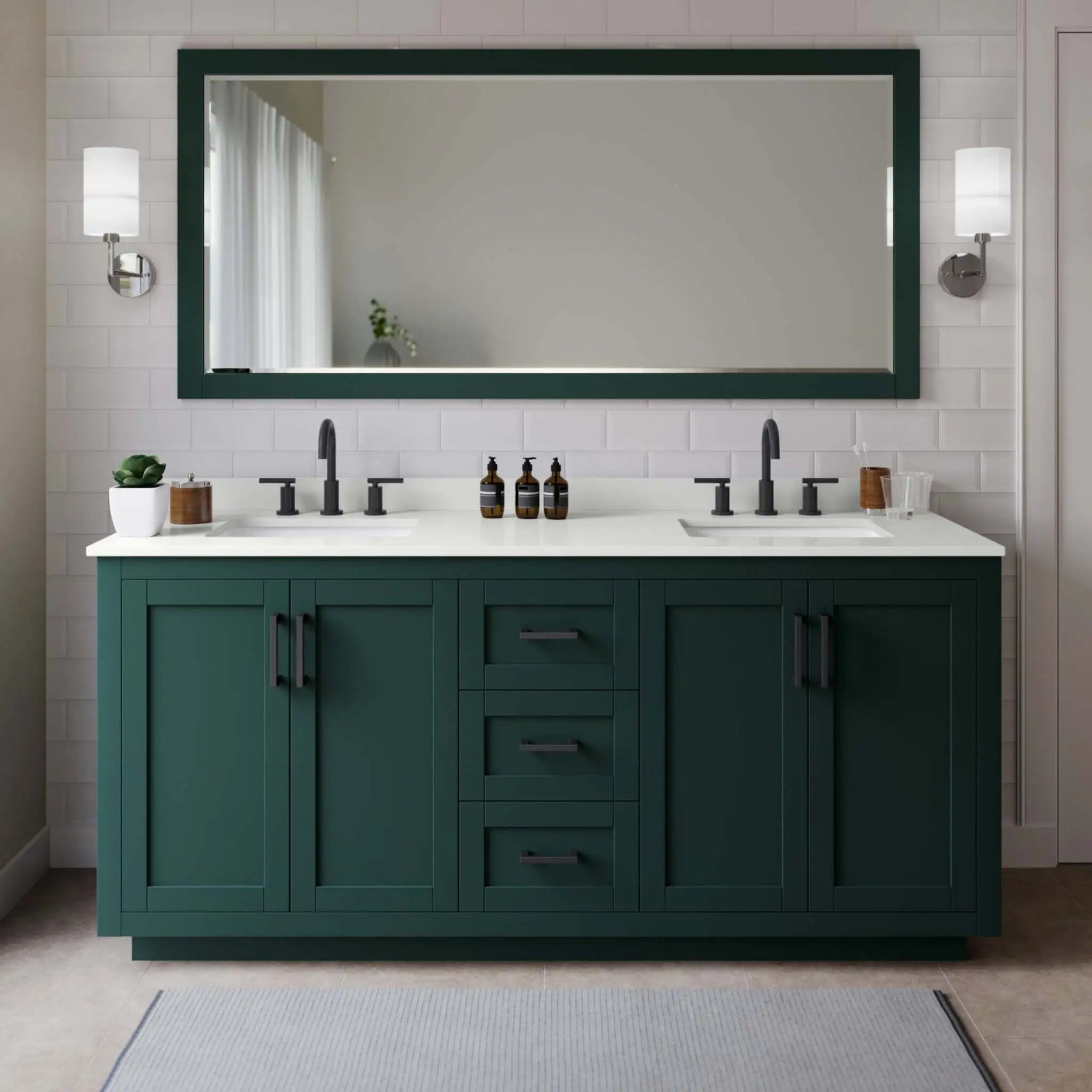 72" Miranda Double Bathroom Vanity in Green with Matte Black Trim & 70" Mirror by Wyndham