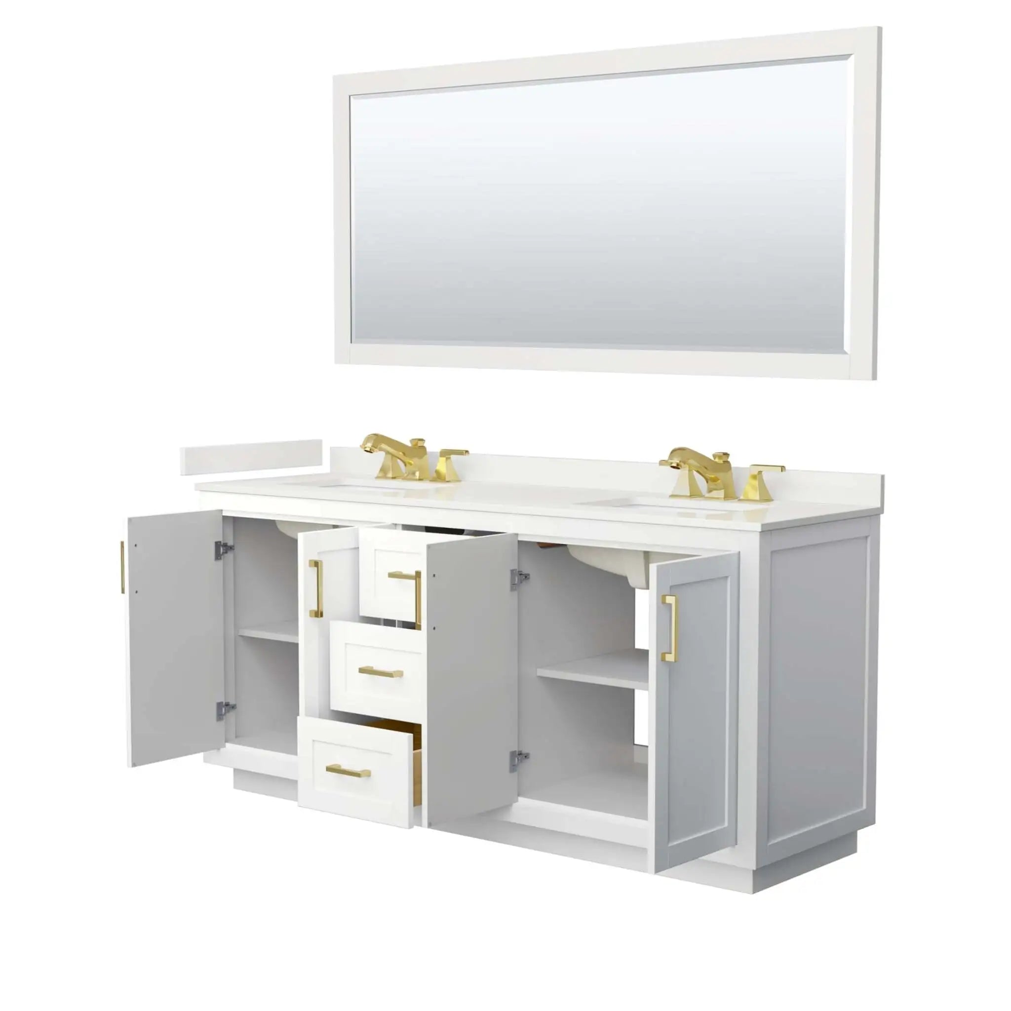 72" Miranda Double Bathroom Vanity in White with Brushed Gold Trim & 70" Mirror by Wyndham
