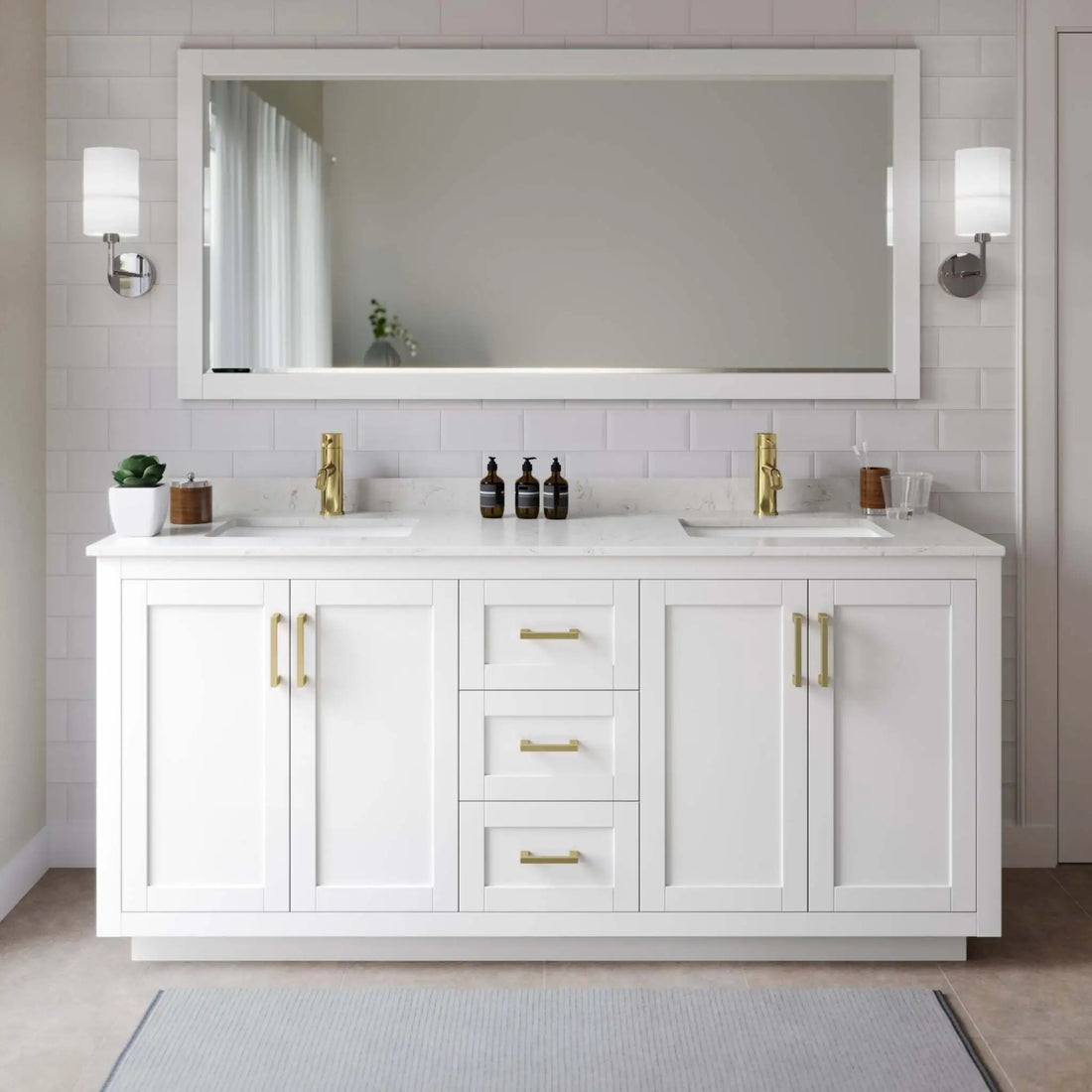 72" Miranda Double Bathroom Vanity in White with Brushed Gold Trim by Wyndham