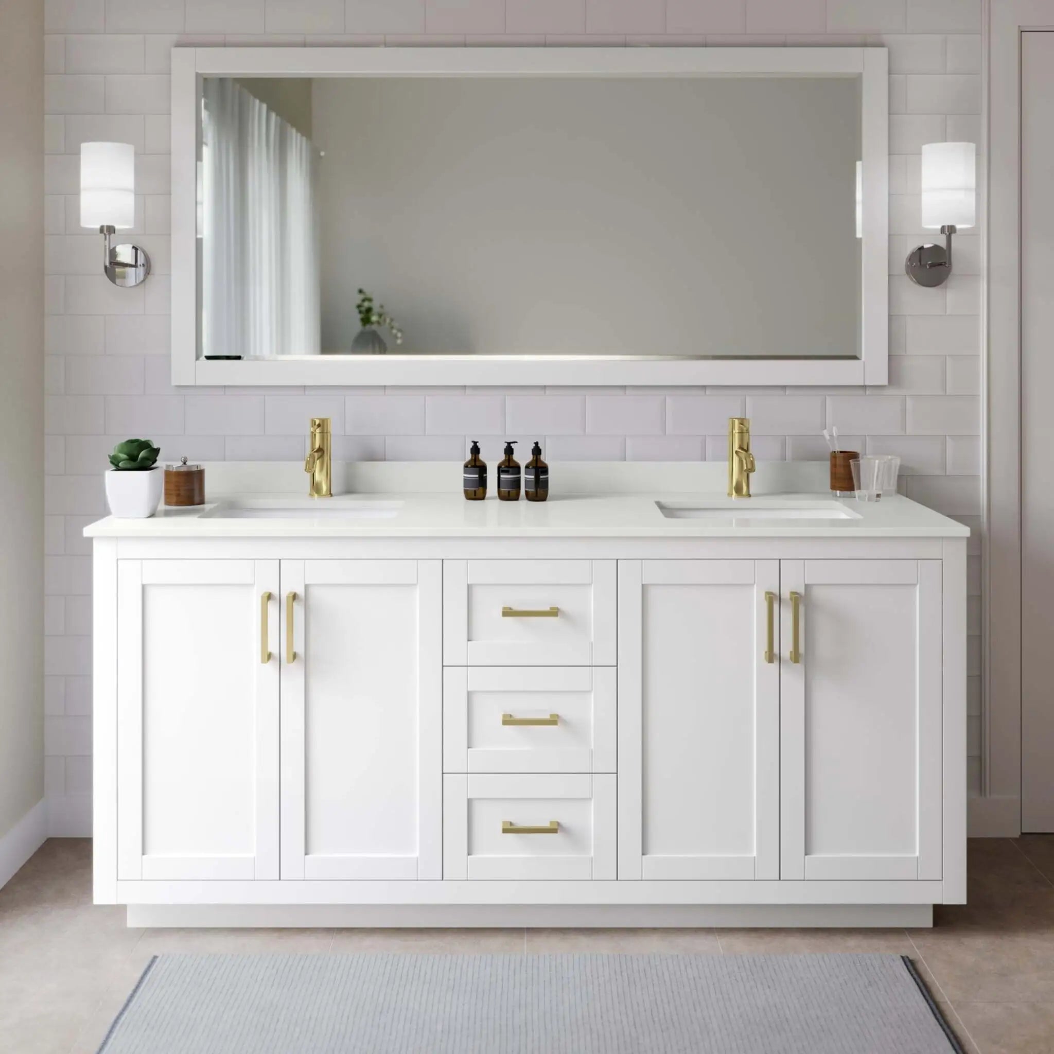 72" Miranda Double Bathroom Vanity in White with Brushed Gold Trim by Wyndham
