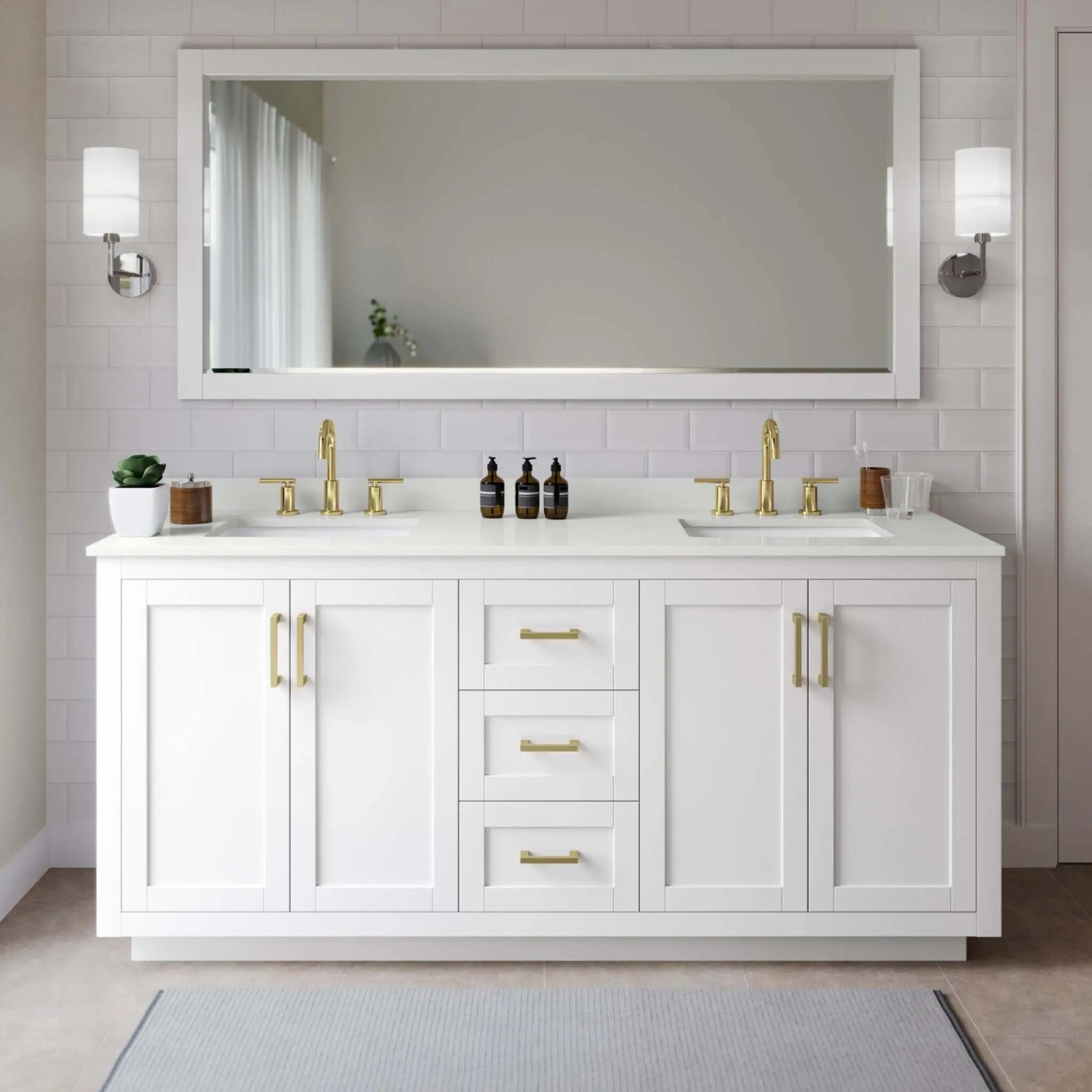 72" Miranda Double Bathroom Vanity in White with Brushed Gold Trim by Wyndham