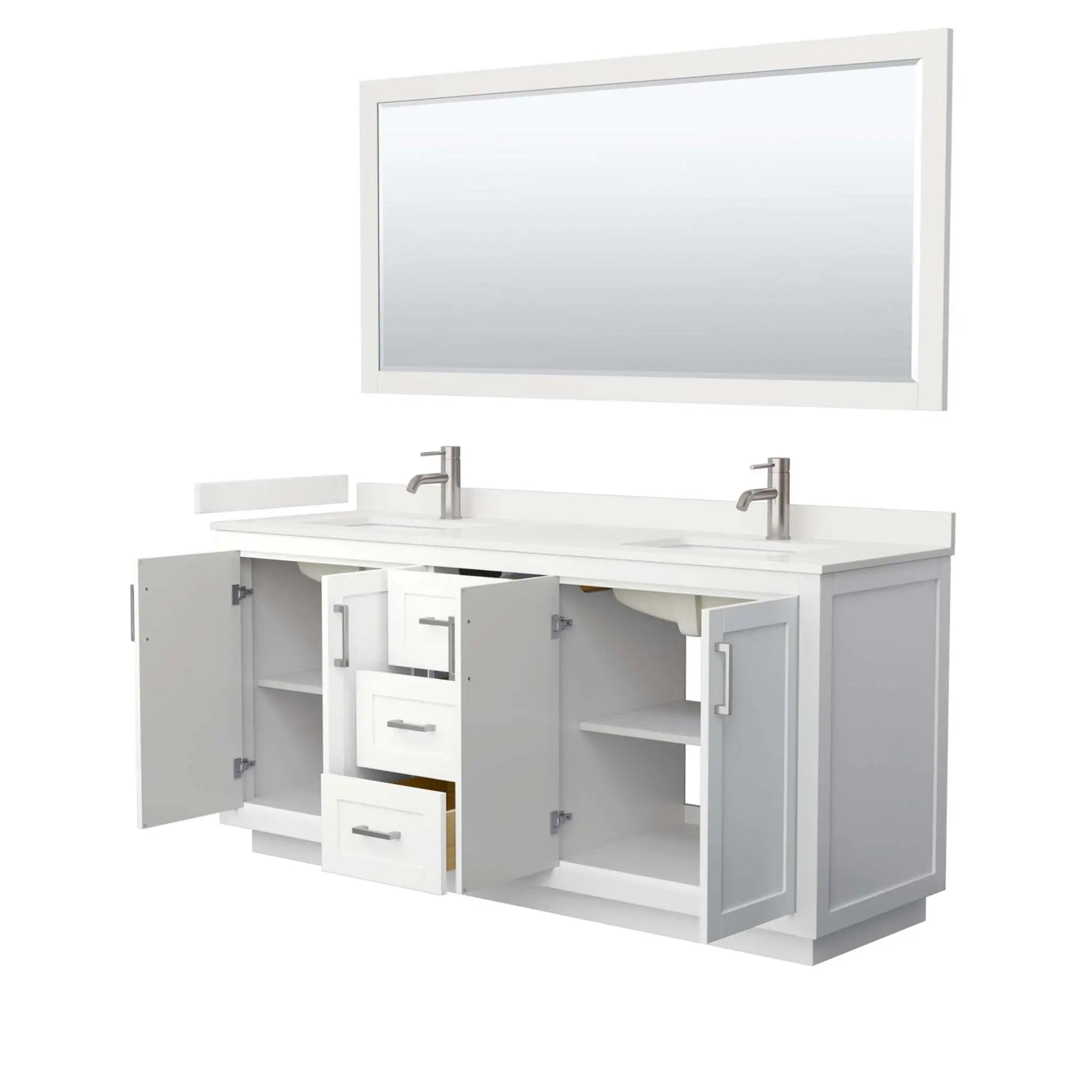 72" Miranda Double Bathroom Vanity in White with Brushed Nickel Trim & 70" Mirror by Wyndham