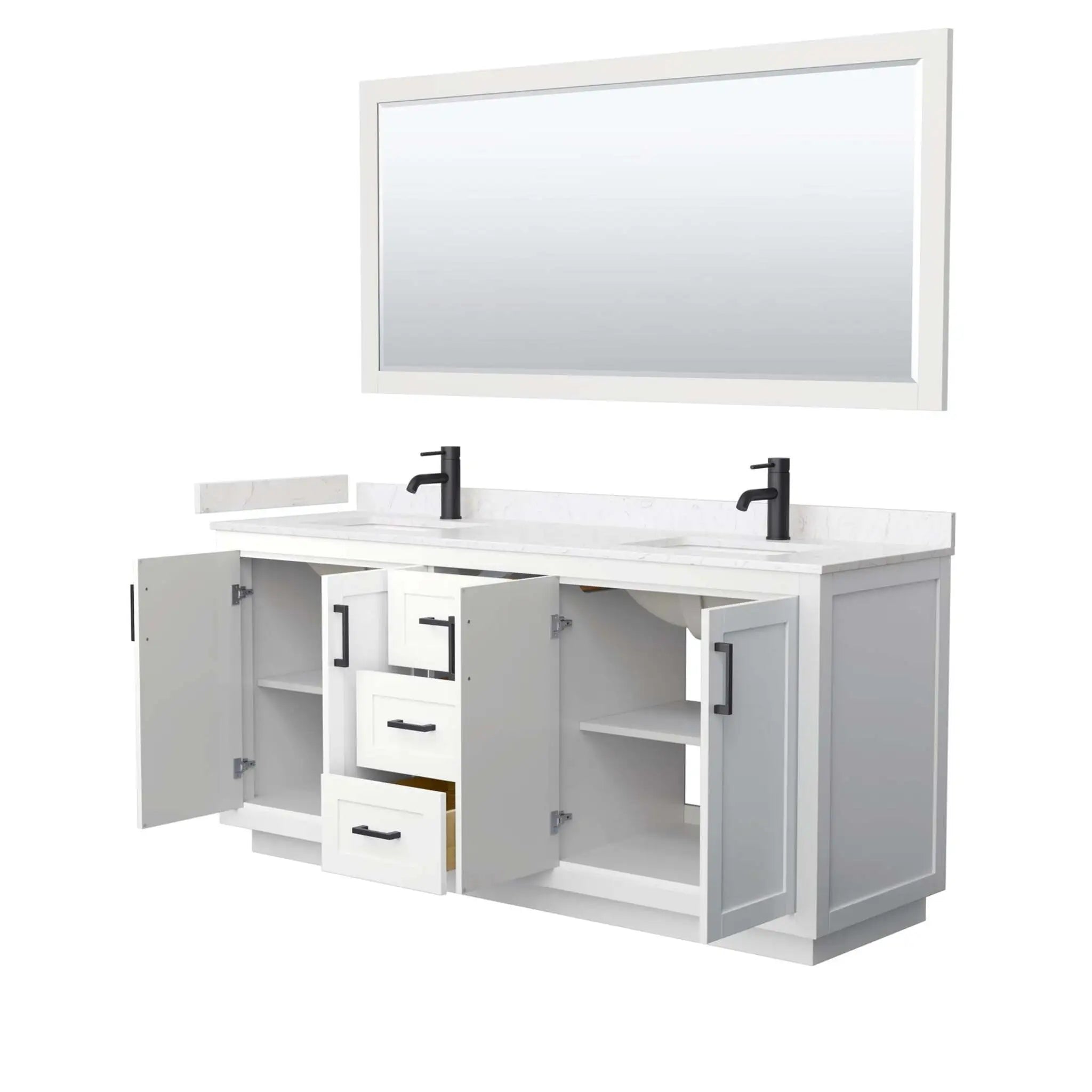72" Miranda Double Bathroom Vanity in White with Matte Black Trim & 70" Mirror by Wyndham