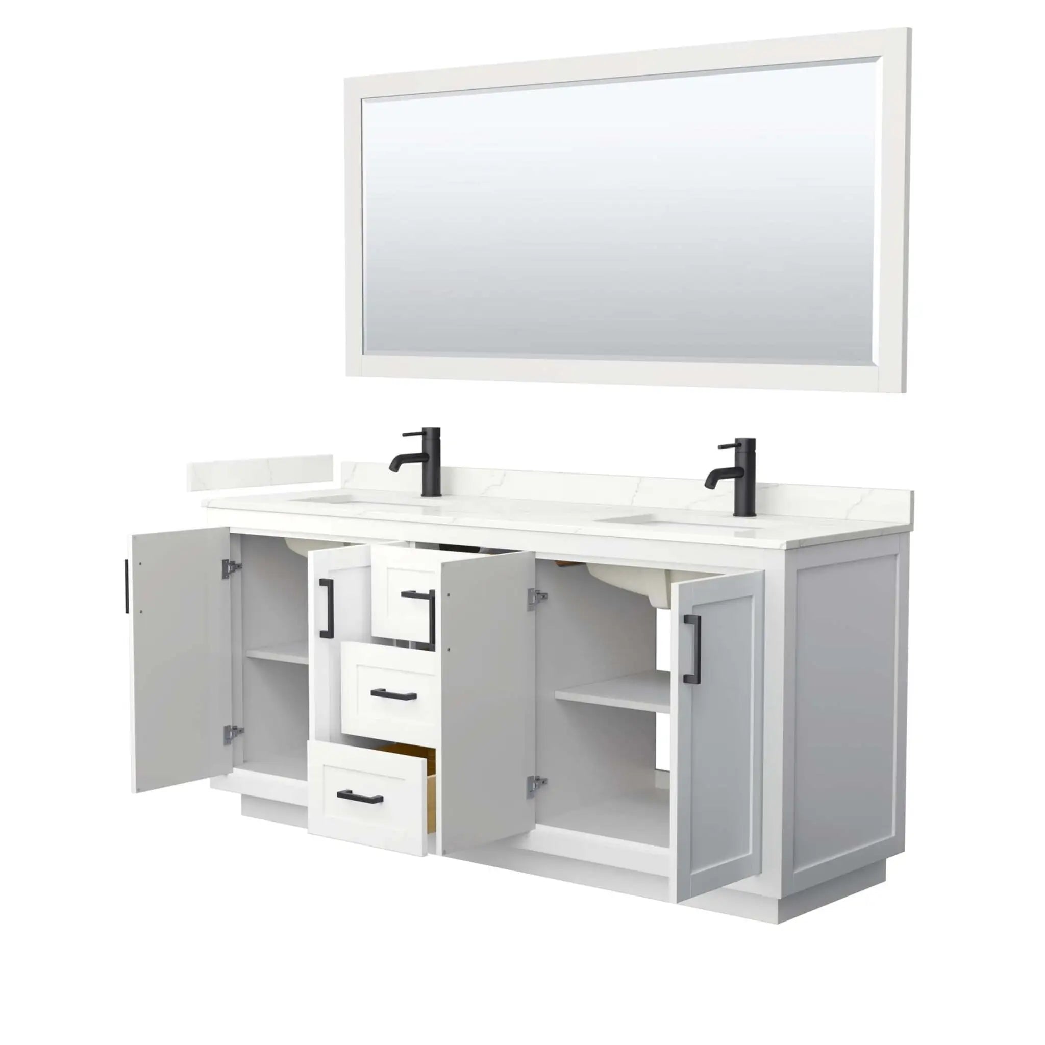 72" Miranda Double Bathroom Vanity in White with Matte Black Trim & 70" Mirror by Wyndham