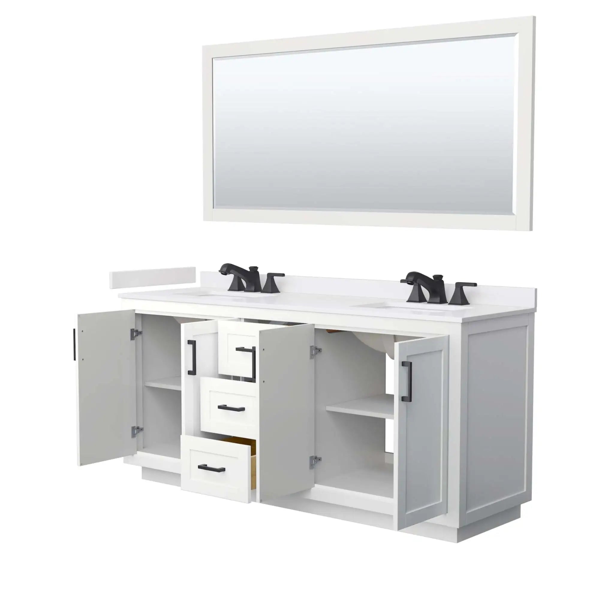 72" Miranda Double Bathroom Vanity in White with Matte Black Trim & 70" Mirror by Wyndham