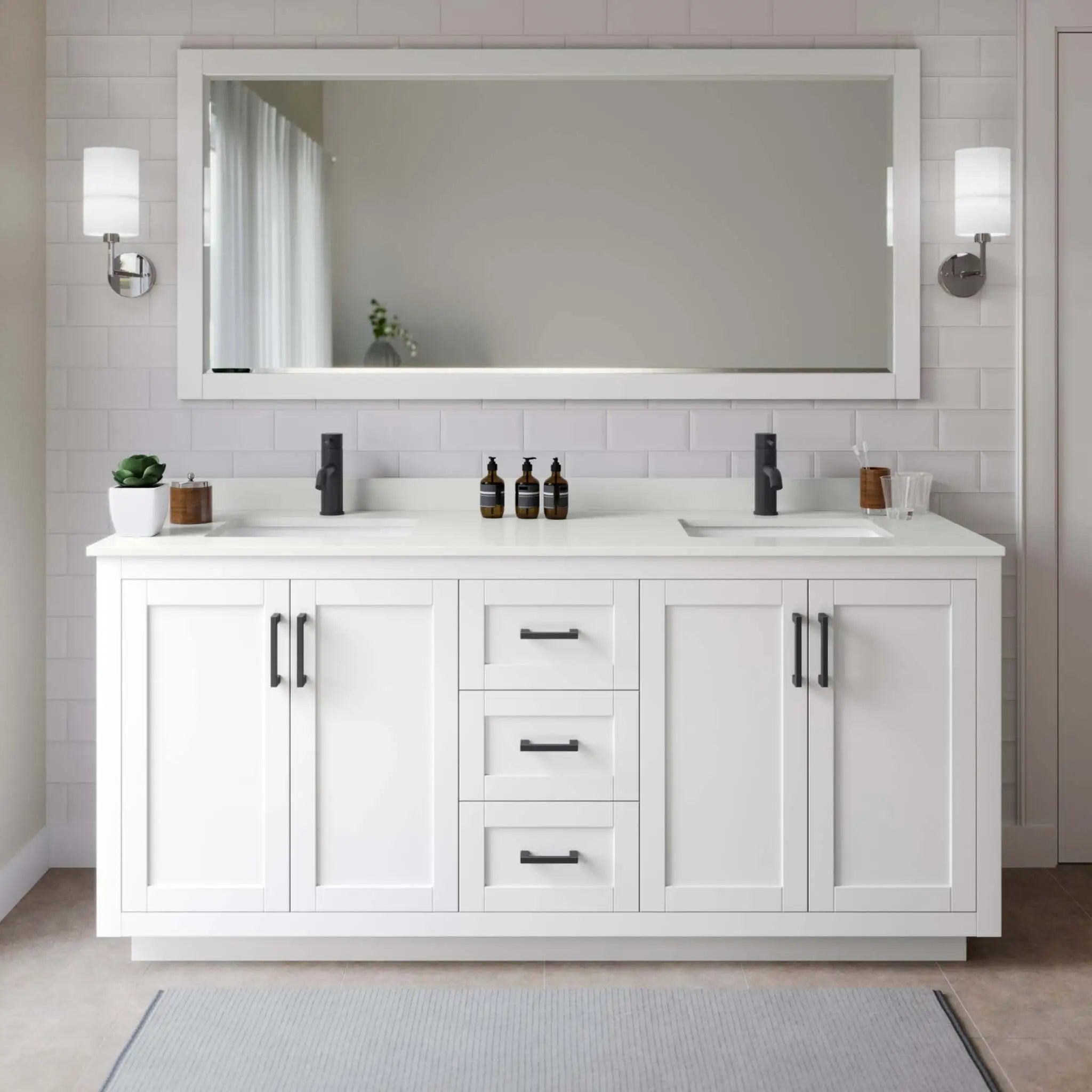 72" Miranda Double Bathroom Vanity in White with Matte Black Trim & 70" Mirror by Wyndham