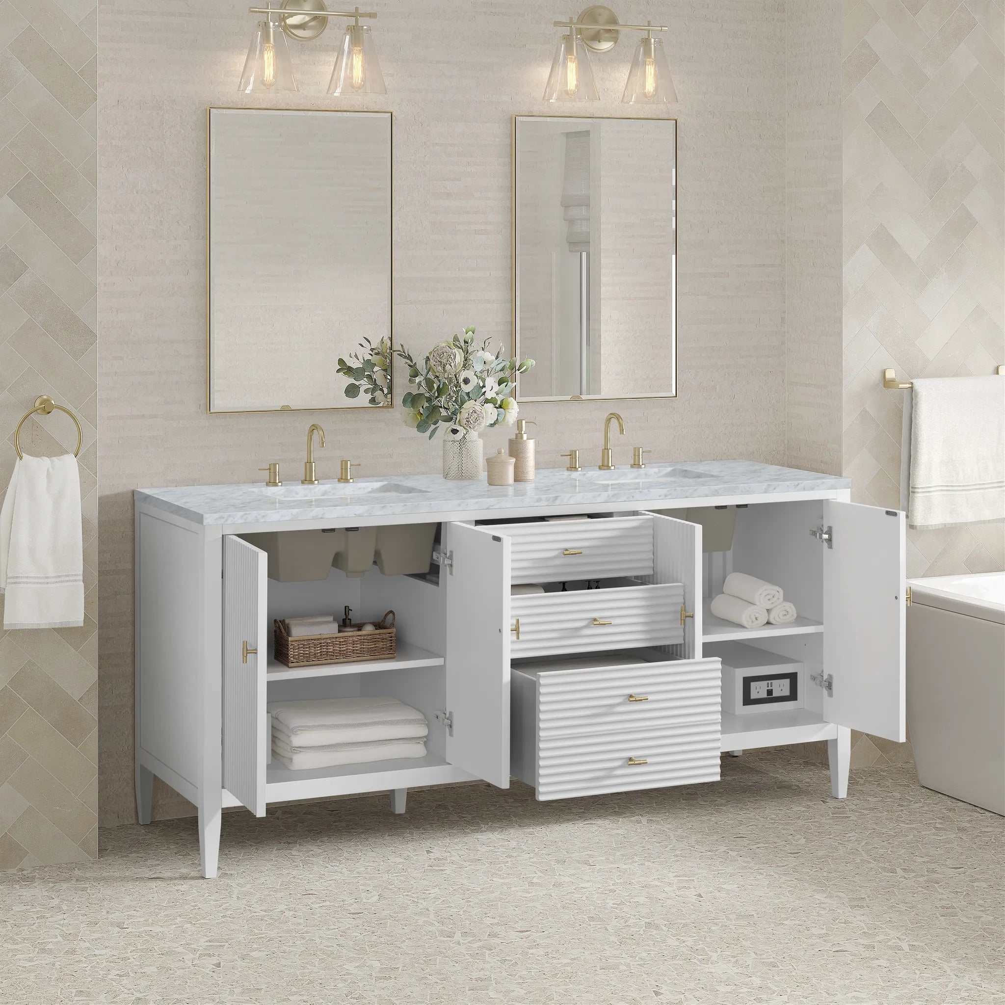 72" Myrrin Vanity in Bright White-Carrara White Marble-8" Widespread image 4
