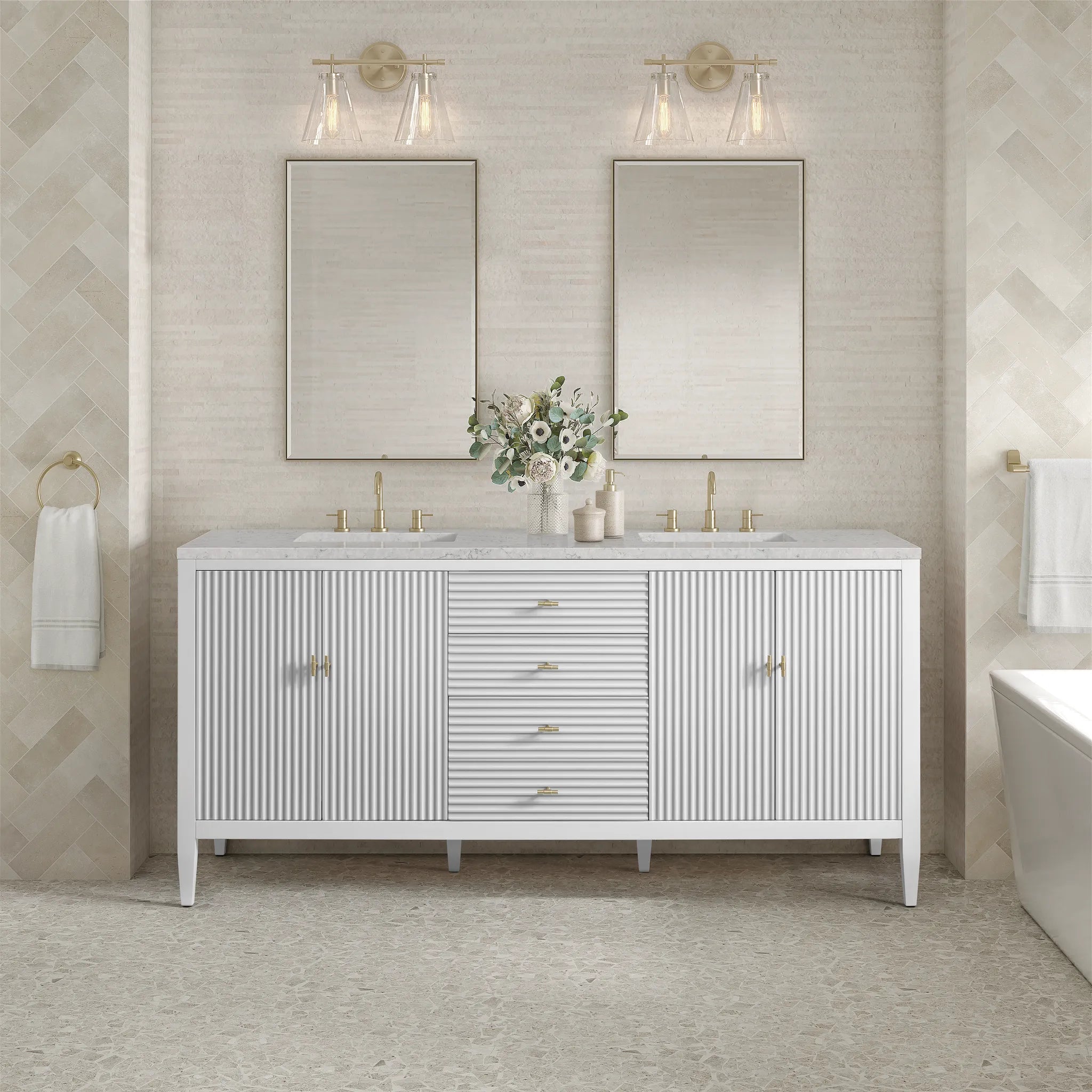72" Myrrin Vanity in Bright White-Eternal Jasmine Pearl Silestone-8" Widespread image 2