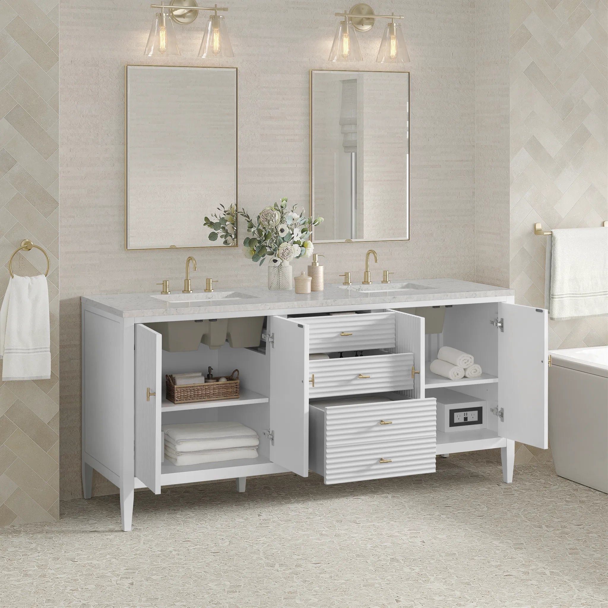72" Myrrin Vanity in Bright White-Eternal Jasmine Pearl Silestone-8" Widespread image 4