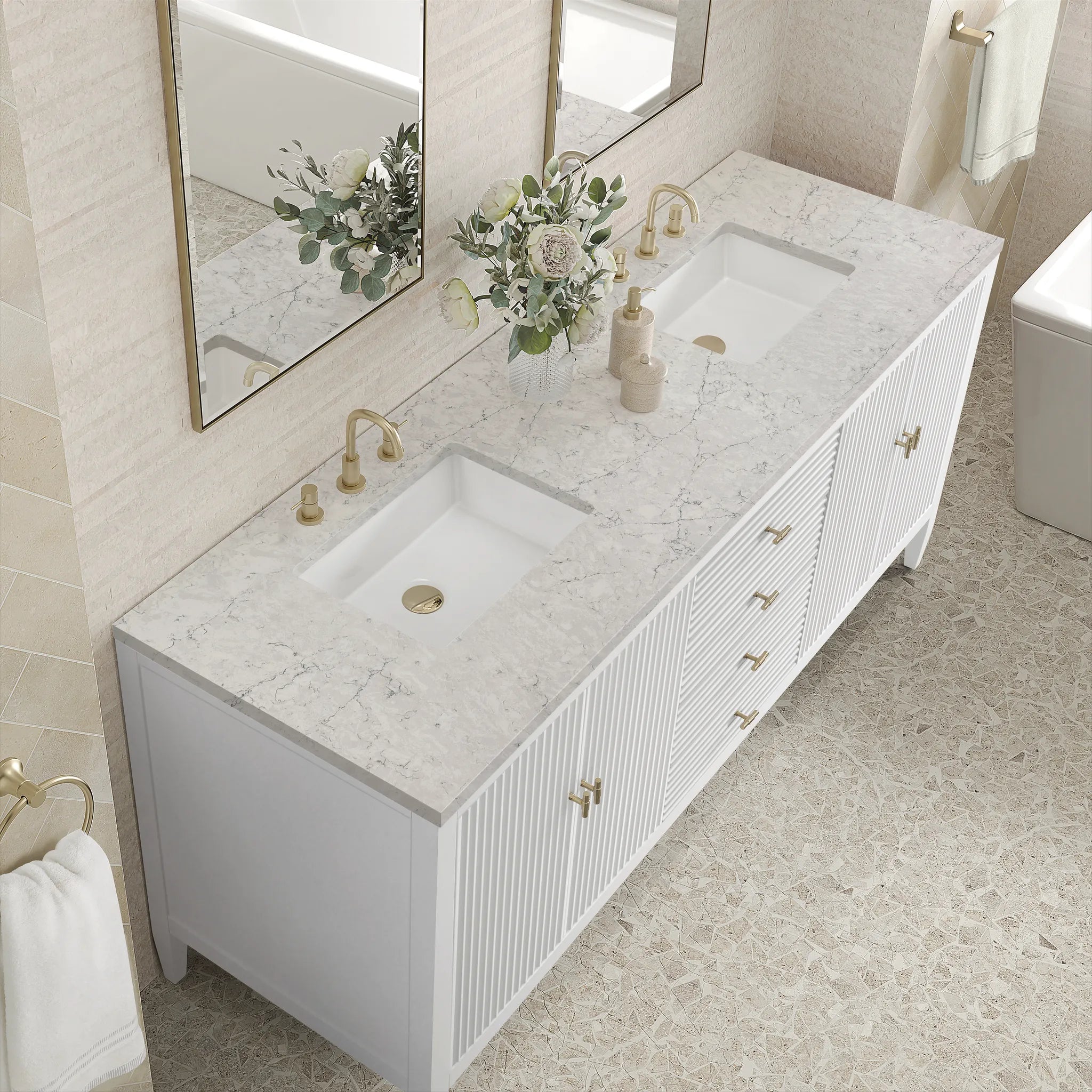 72" Myrrin Vanity in Bright White-Eternal Jasmine Pearl Silestone-8" Widespread image 6