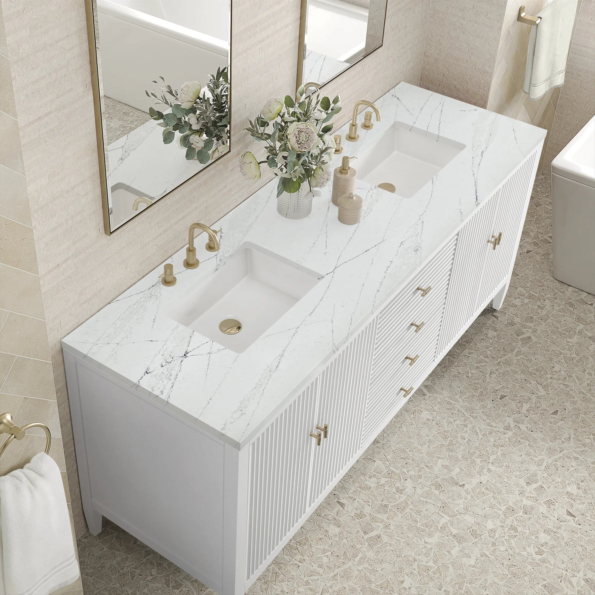 72" Myrrin Vanity in Bright White-Ethereal Noctis Silestone-8" Widespread image 6