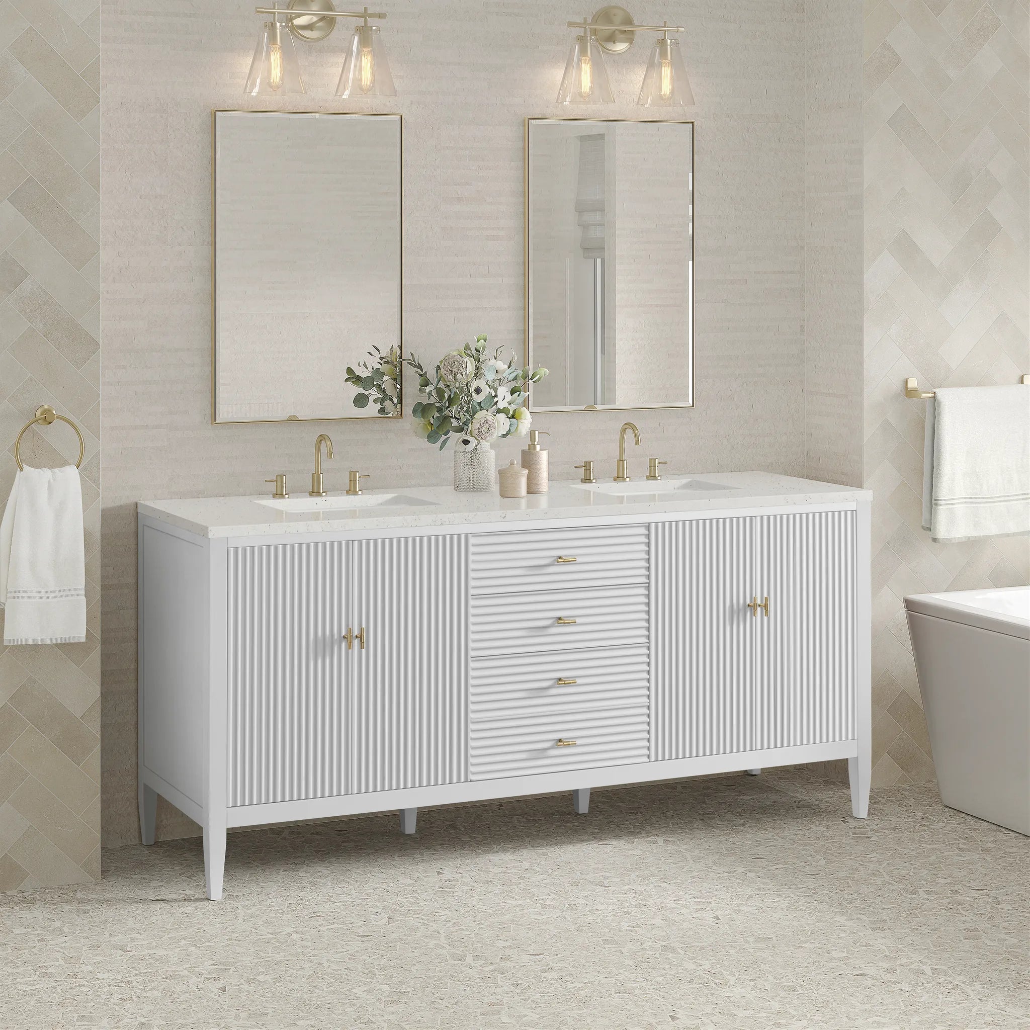 72" Myrrin Vanity in Bright White-Lime Delight Silestone-8" Widespread image 3