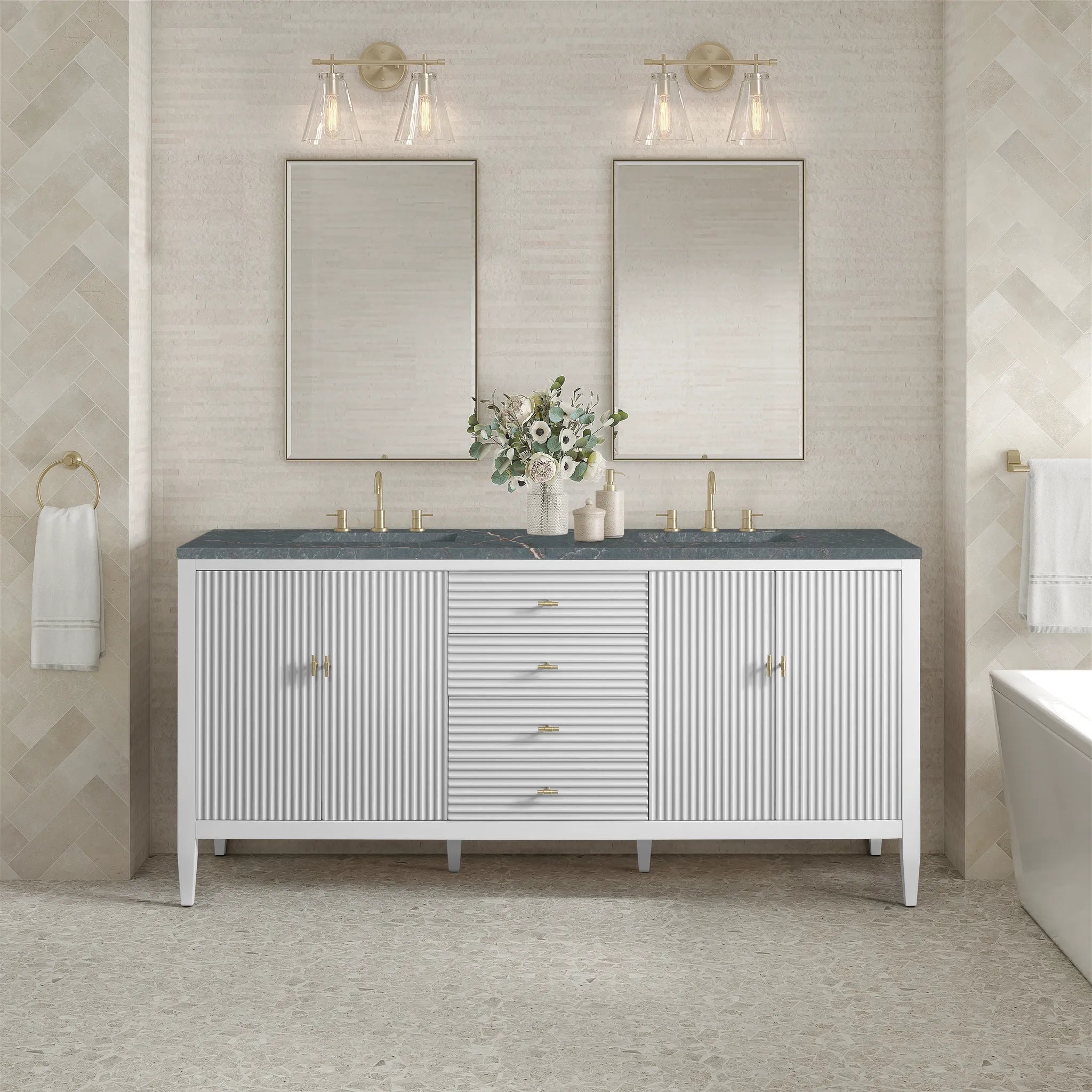 72" Myrrin Vanity in Bright White-Parisien Bleu Silestone-8" Widespread image 2