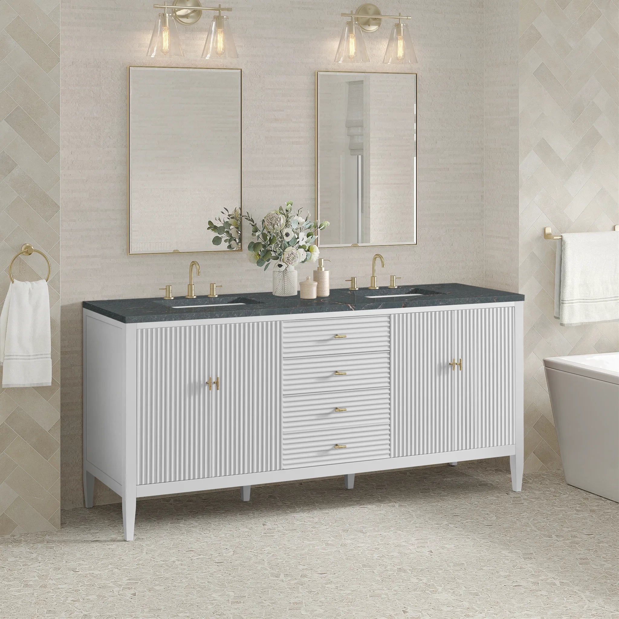 72" Myrrin Vanity in Bright White-Parisien Bleu Silestone-8" Widespread image 3