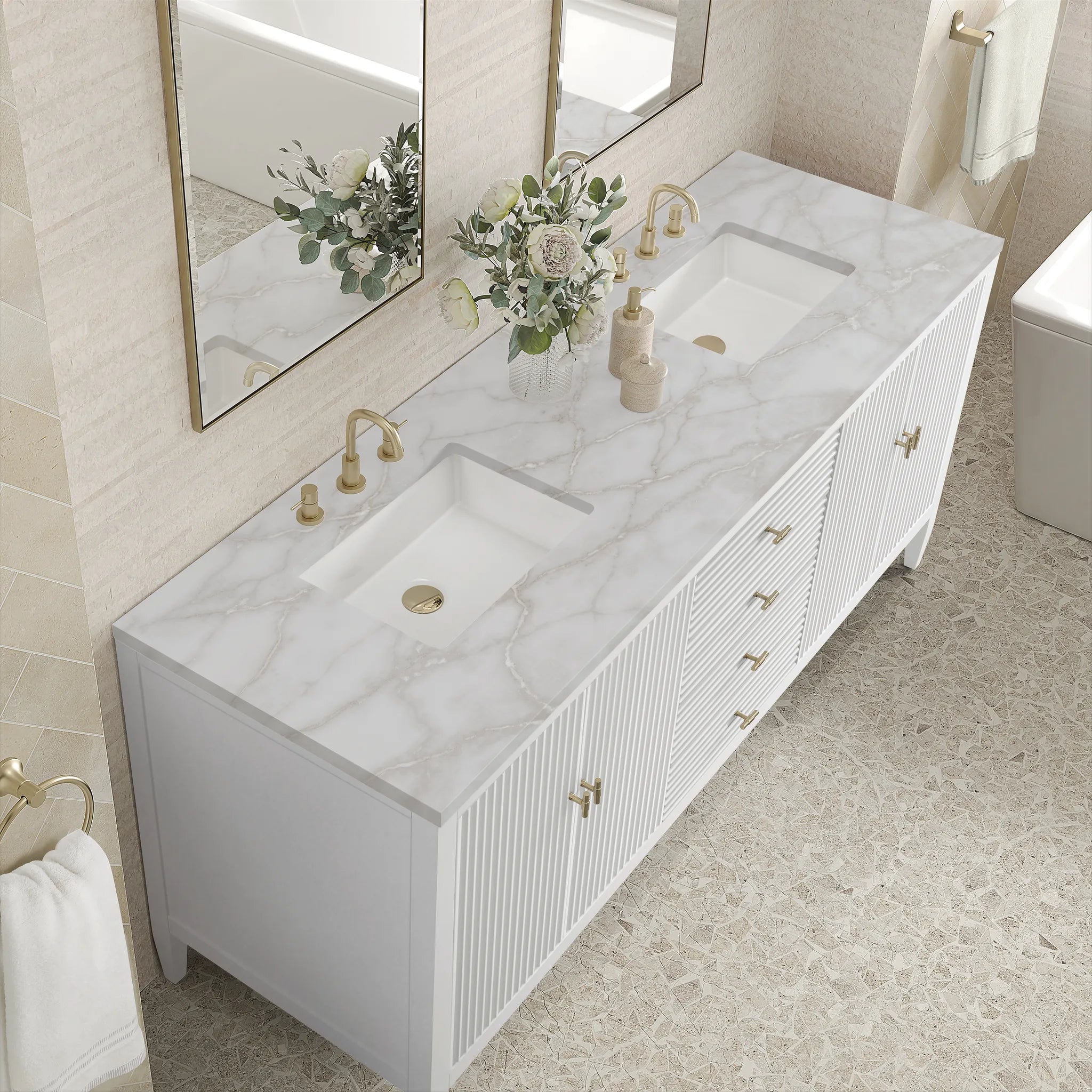 72" Myrrin Vanity in Bright White-Victorian Silver Silestone-8" Widespread image 6
