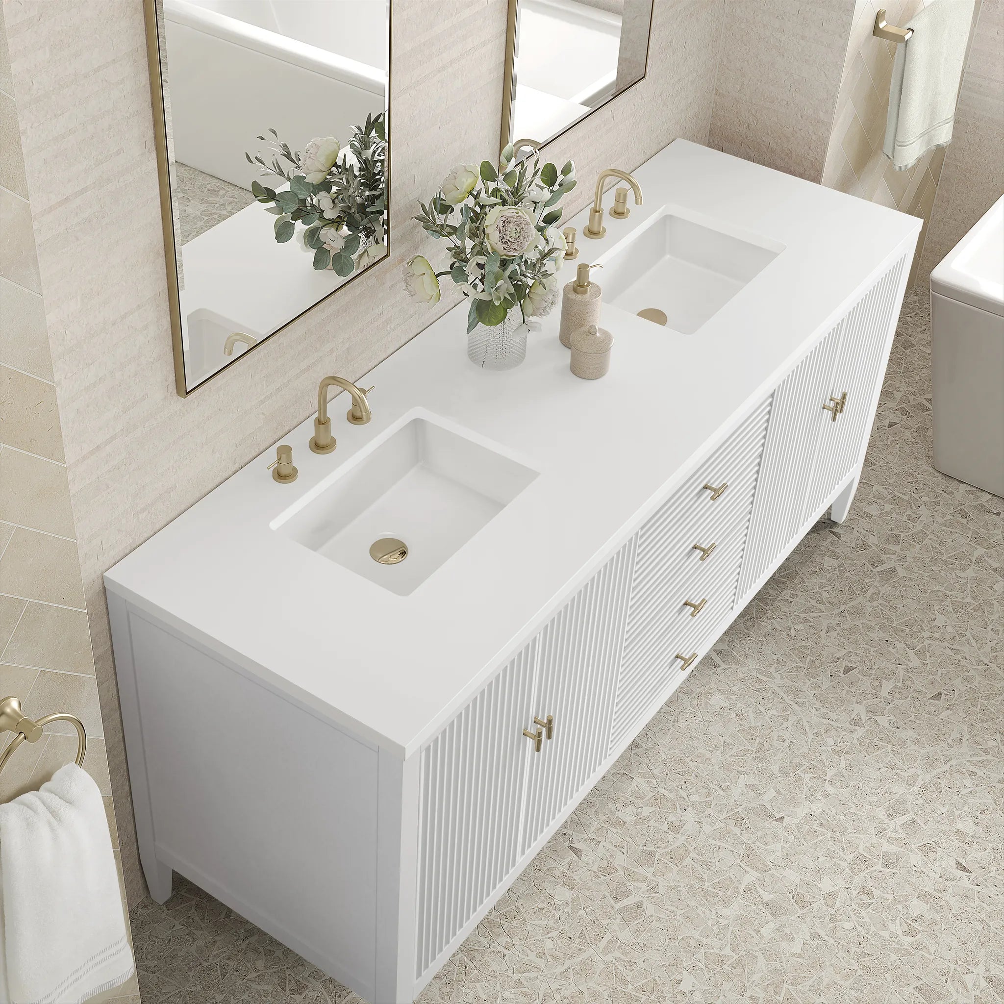 72" Myrrin Vanity in Bright White-White Zeus Silestone-8" Widespread image 6
