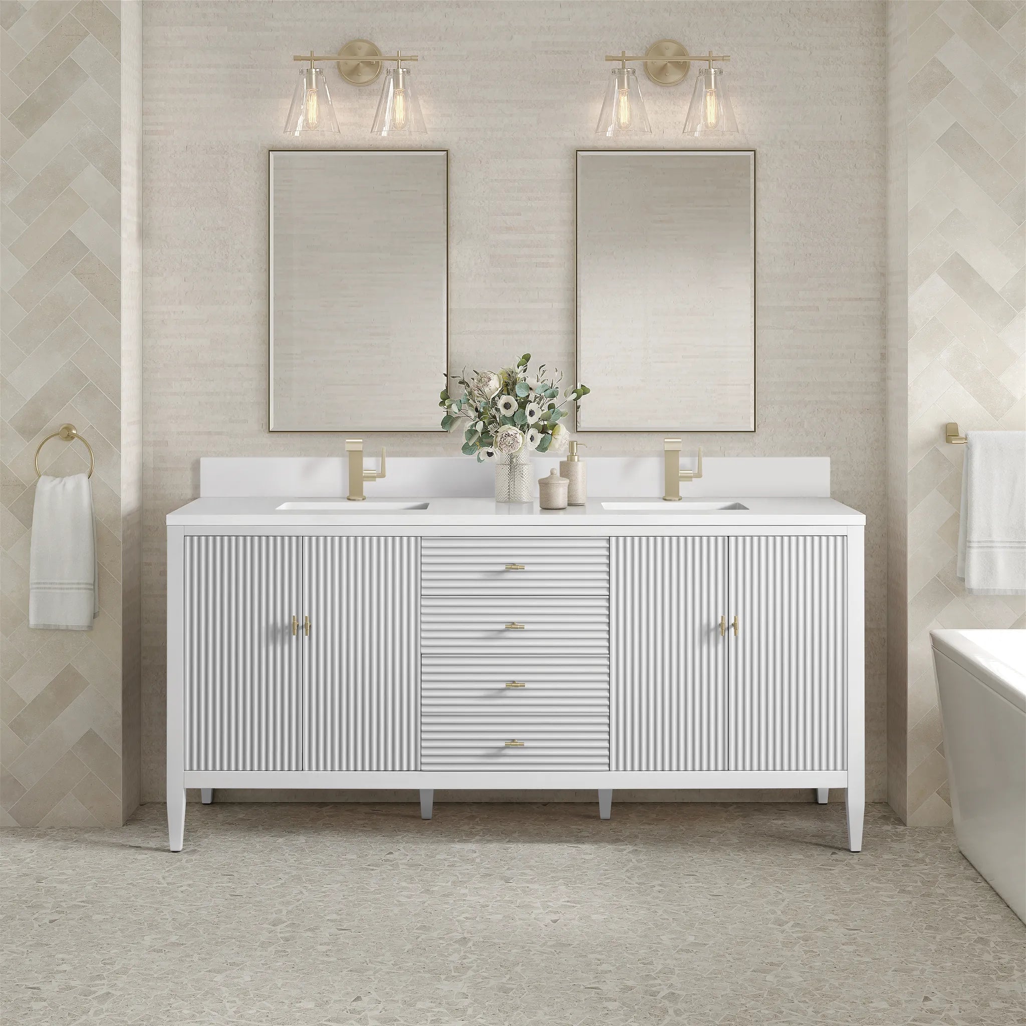 72" Myrrin Vanity in Bright White-White Zeus Silestone & Backsplash-Single Hole image 1