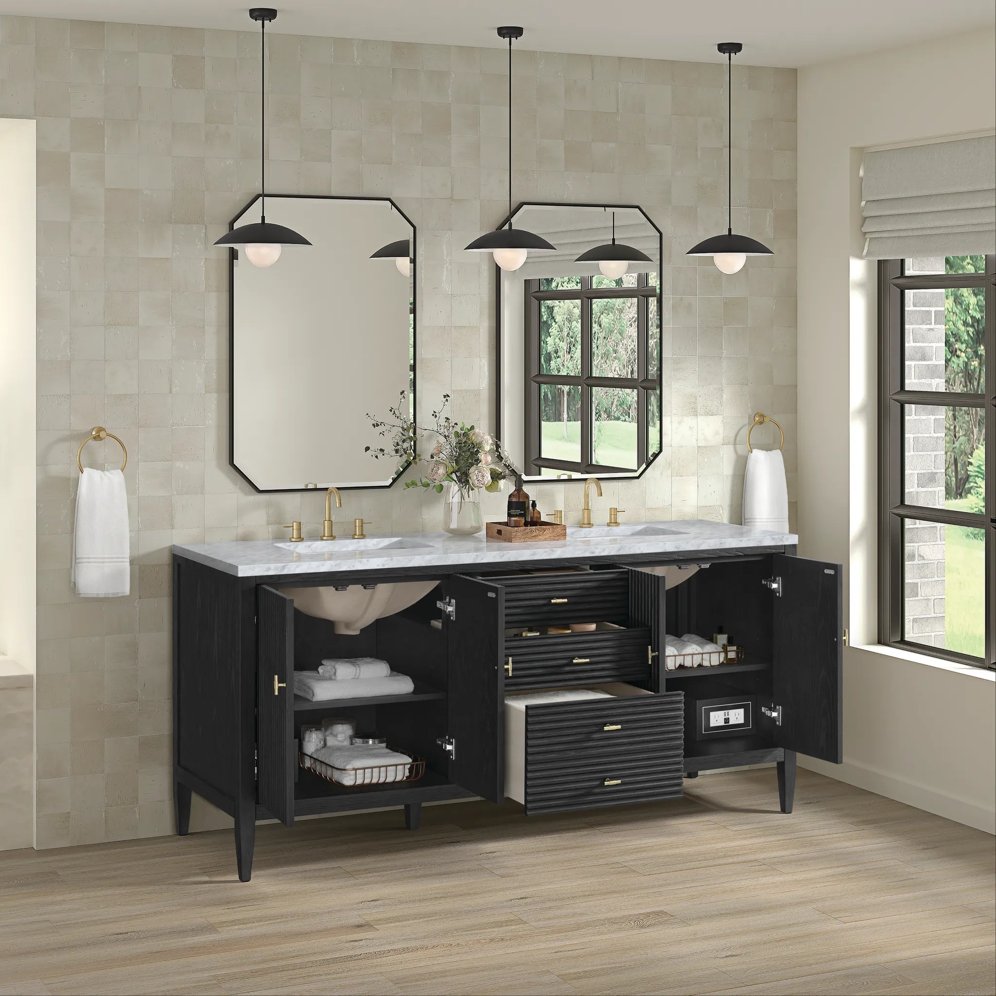 72" Myrrin Vanity in Carbon Oak-Carrara White Marble-8" Widespread image 4