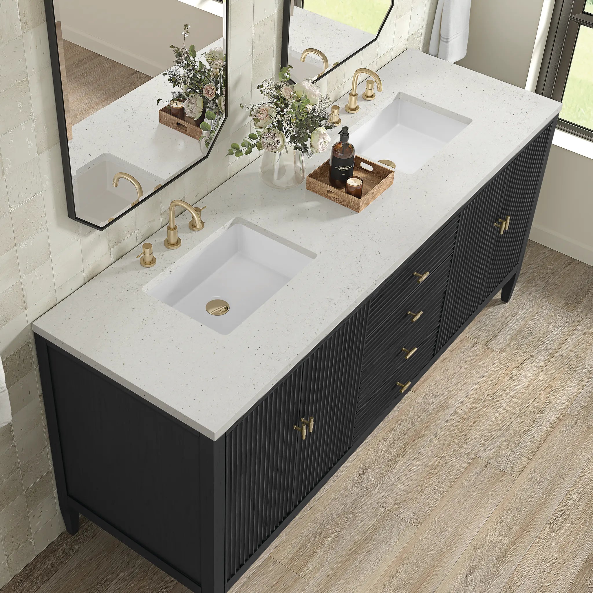 72" Myrrin Vanity in Carbon Oak-Lime Delight Silestone-8" Widespread image 6