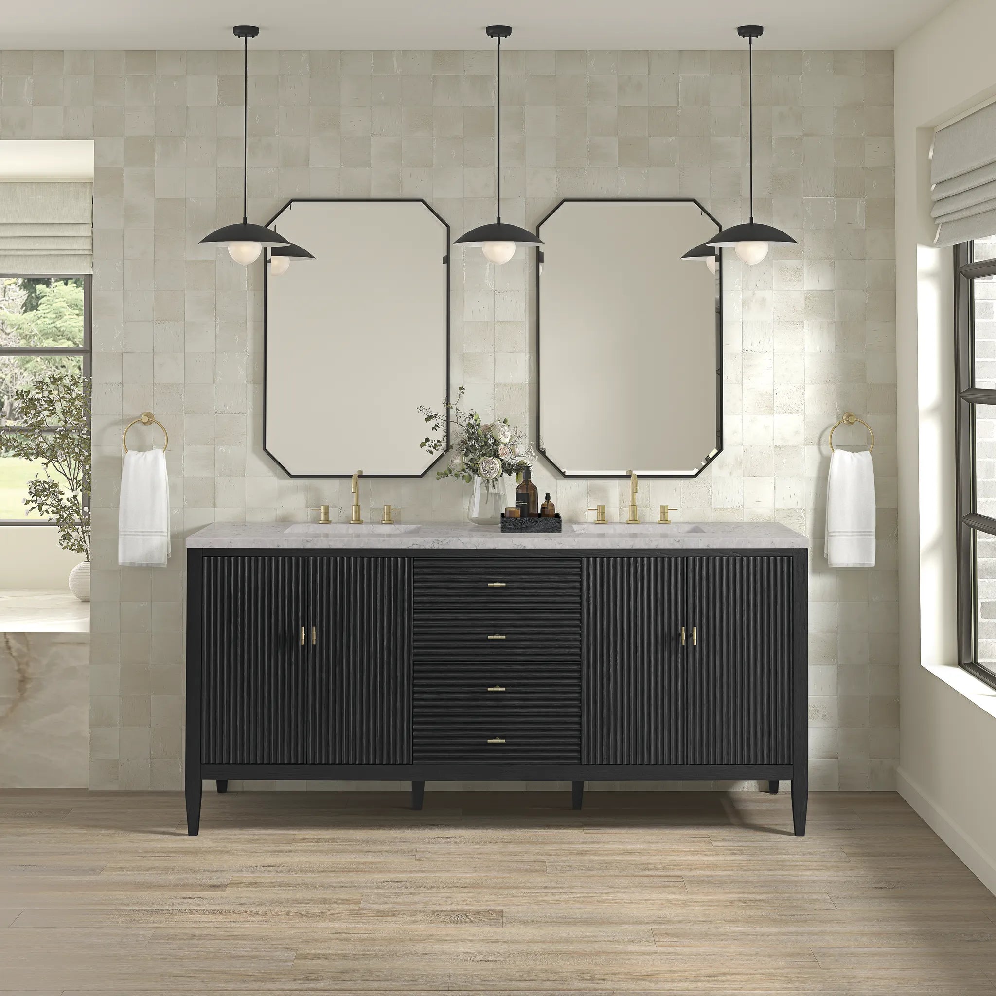 72" Myrrin Vanity in Carbon Oak w/FreePower Wireless Charger-Eternal Jasmine Pearl Silestone-8" Widespread image 5